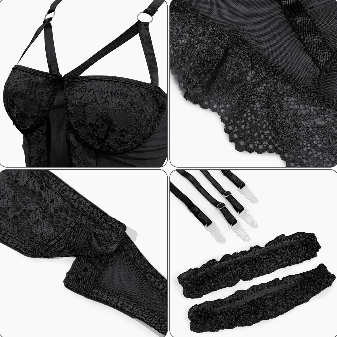 Conjuntos de lencería de Malla para Mujer con Liguero Ancho, Body con Aros Push up, Talla única, Babydolls de Peluche con Tiras de Encaje Floral Sexy, Conjunto de Ropa Interior con puños en el Muslo