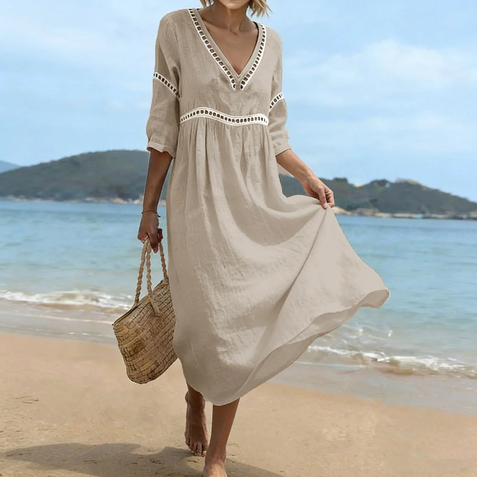 Vestido de Lino Manga Corta Midi para Mujer Algodón Casual Ligero Playa Vacaciones