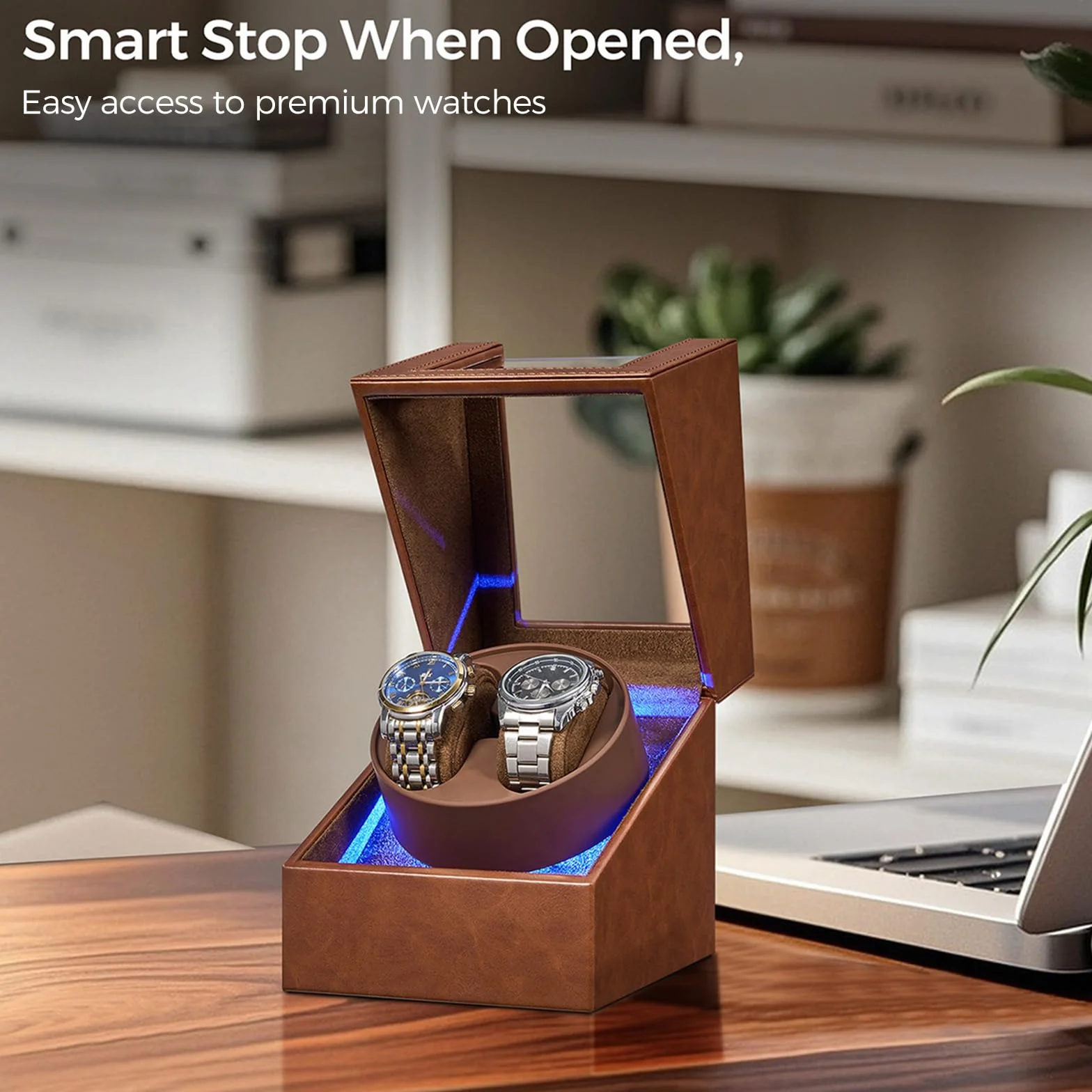BEWISHOME SYQ02Z Bobinador de reloj automático doble con luz LED, 4 modos, motor silencioso japonés