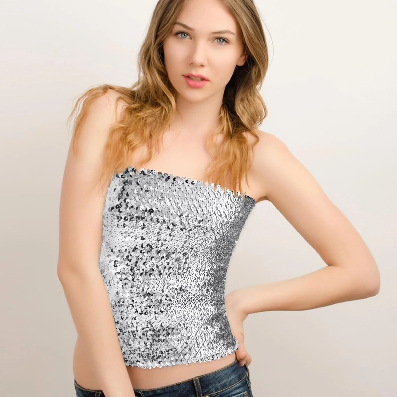 Lusofie Traje de Danza del Vientre Top Bandeau Lentejuelas para Mujer