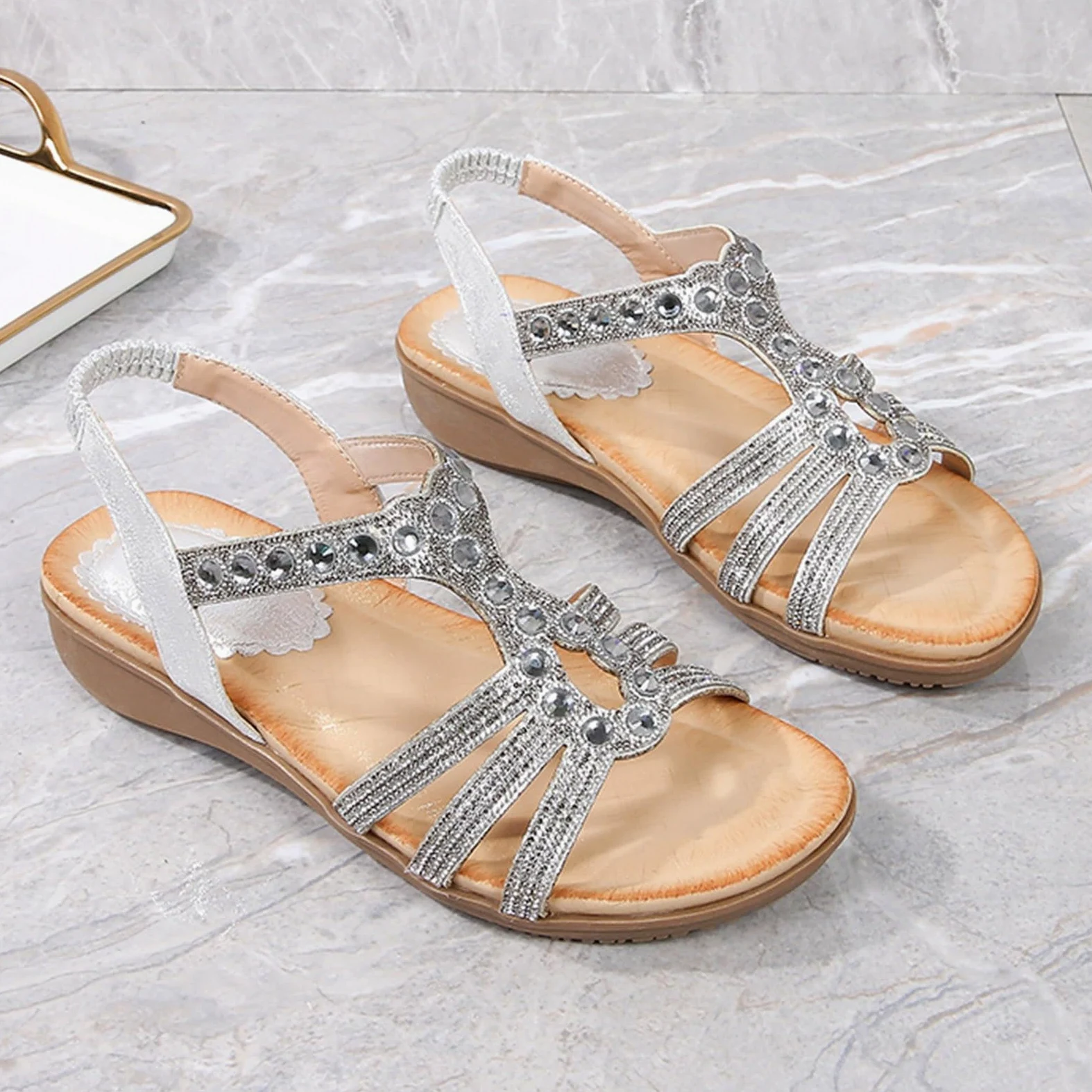 Generisch 2026 Zapatos de mujer Boho Sandalias Sandalias con Cuentas Rhinestones Hebilla Elástica Tacón Elástico Sandalias con Correa