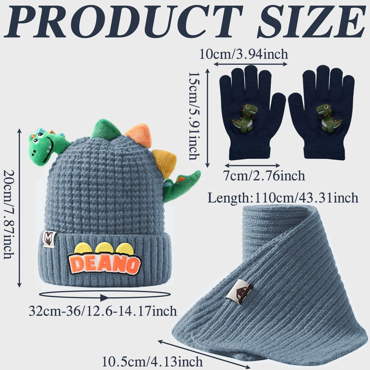 Conjunto Bufanda Gorro y Guantes Niño, Set de Gorra Bufanda Guantes Termicos Niño, 3 en 1 de Punto Gorras Beanie Bufandas Guante Termico, Diseño de Dinosaurios Lindo Gorros Scarf Winter Gloves