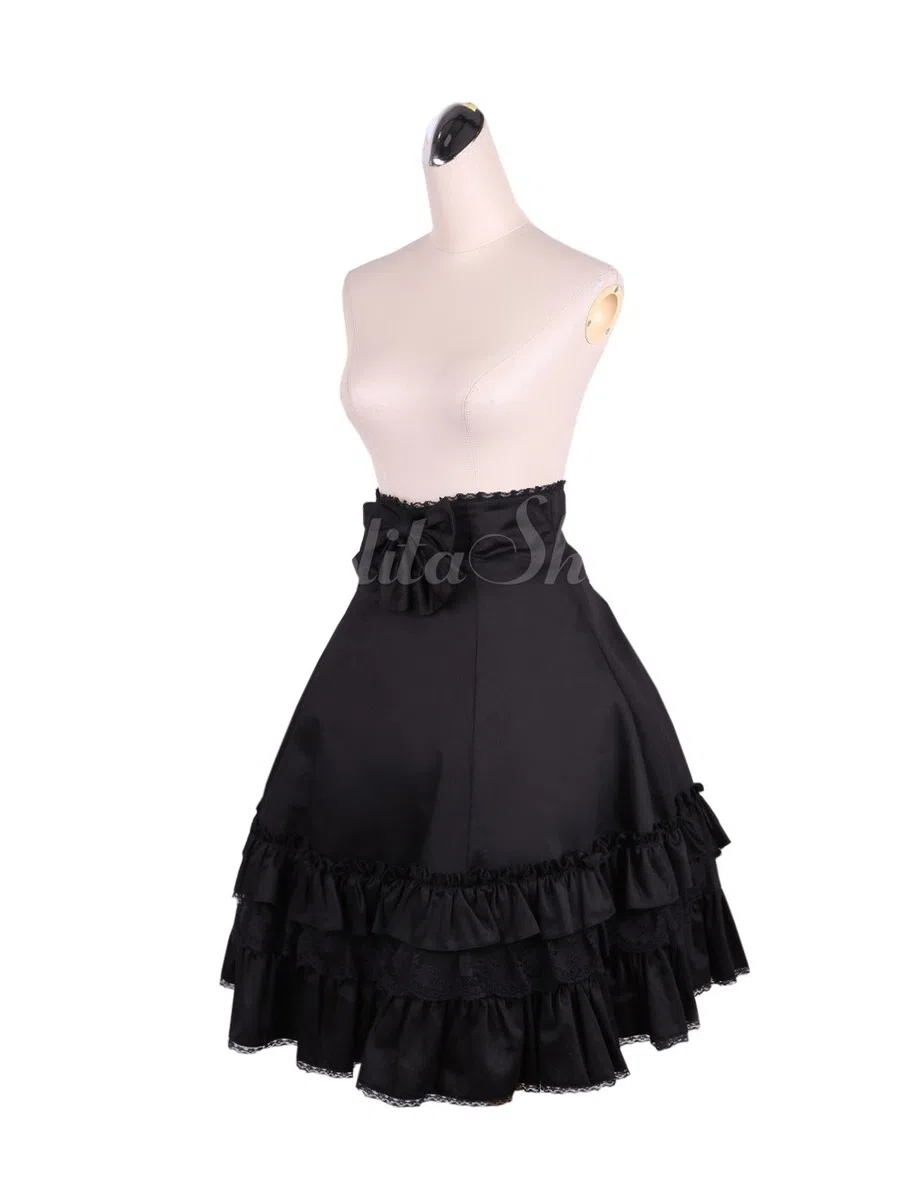 Antaina Negra Volantes Encaje Retro Gotica Sexy Lolita Alta Cintura Longitud de la Rodilla Midi Plisada Falda