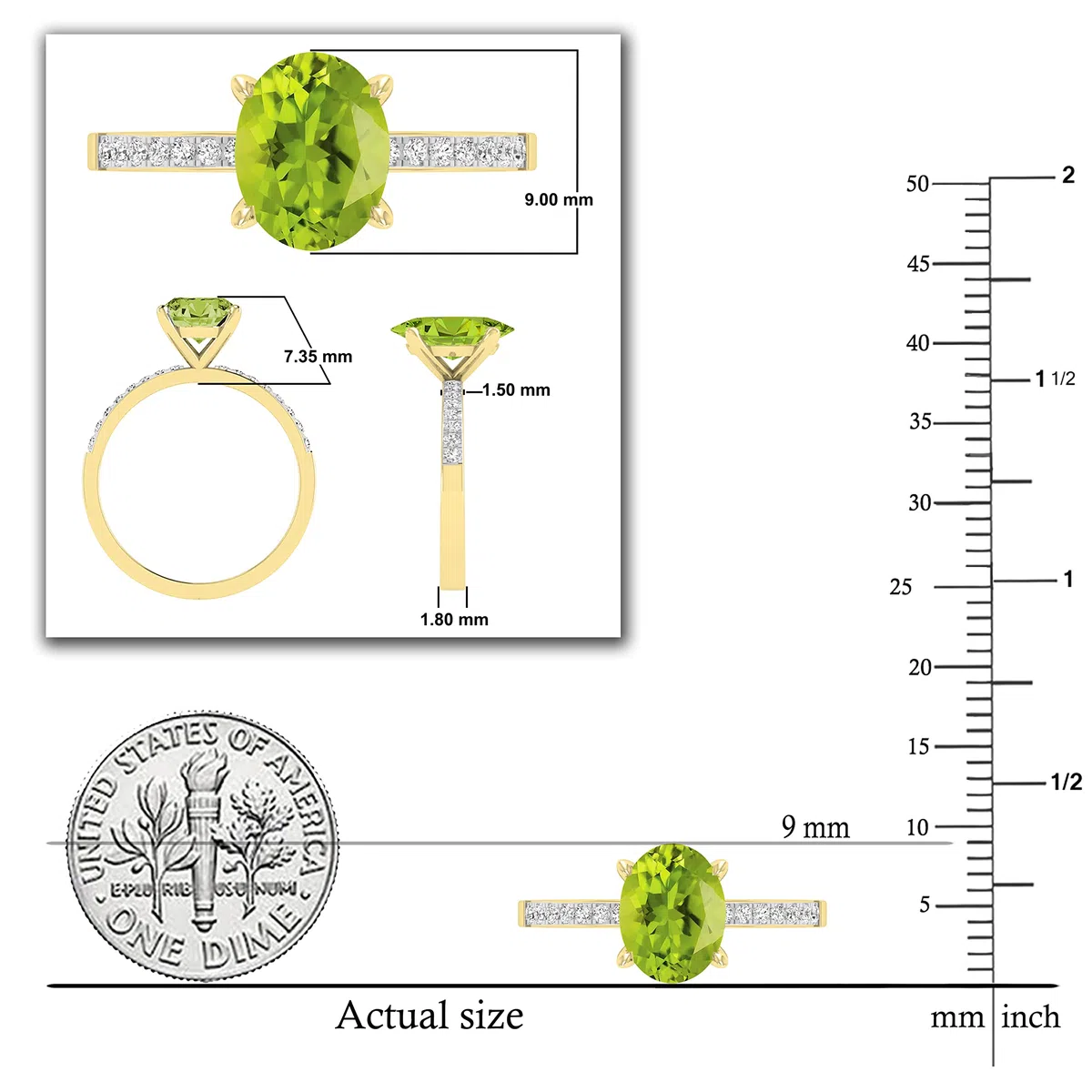 Dazzlingrock Collection Anillo de compromiso de oro amarillo de 18 quilates con piedras preciosas ovaladas y diamantes blancos redondos de 9 x 7 mm para mujer, Oro amarillo Peridoto Diamante blanco