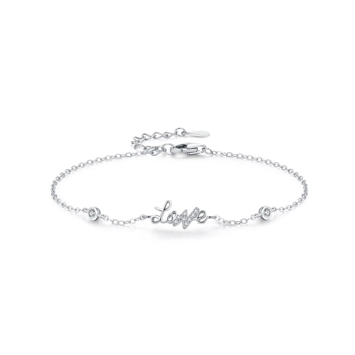 Pulseras de Oro Blanco 9 Kilates / 14 Kilates / 18 Kilates Mujer, Letra love con Diamante Creado, Cadena Extensible 16 CM + 5 CM, Pulseras para Mujer Plata