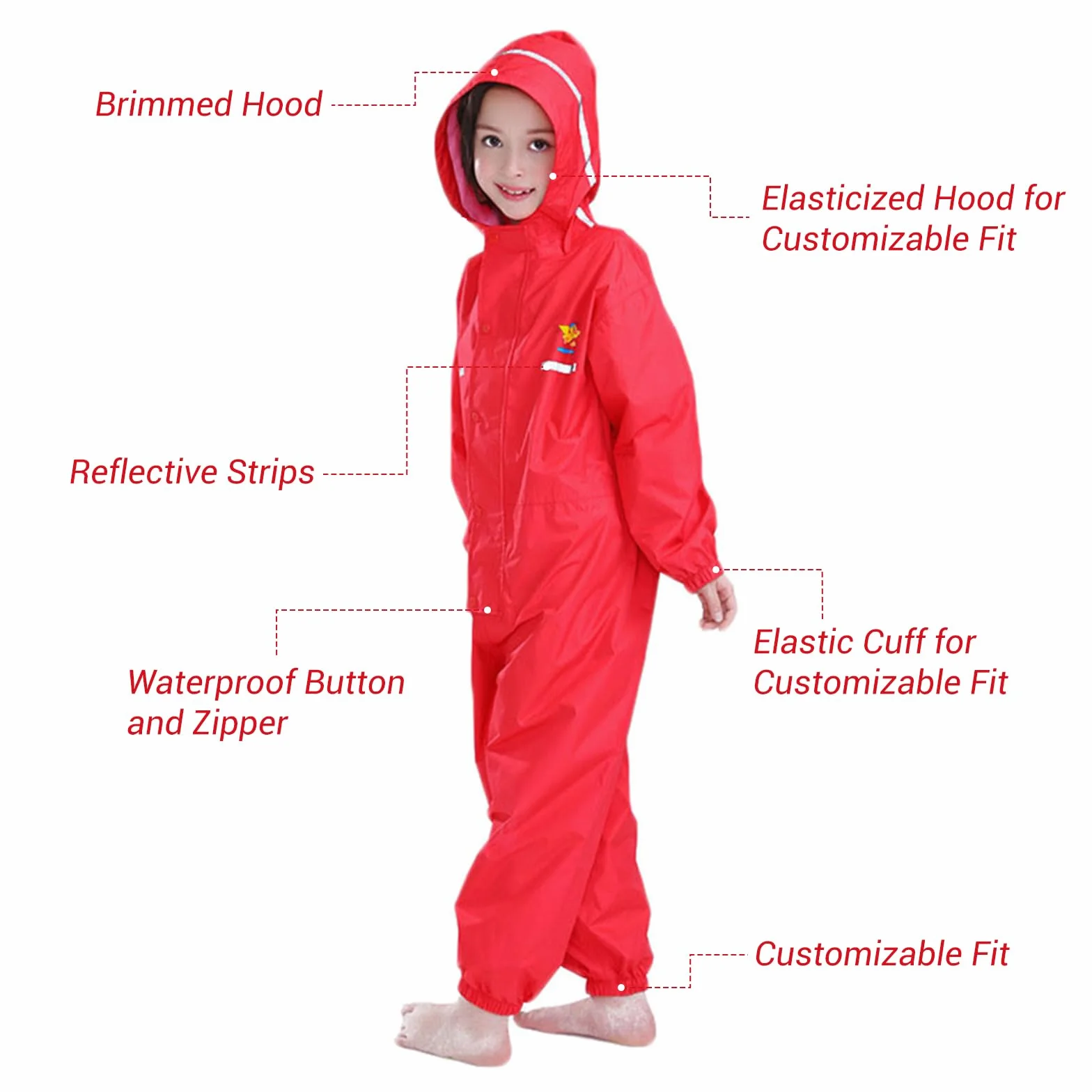 Chubasquero para Niños Mono Impermeable Traje de Lluvia Encapuchado Niñas Chaquetas de lluvia Poncho con Tira Reflectante, Rojo 2-3 Años