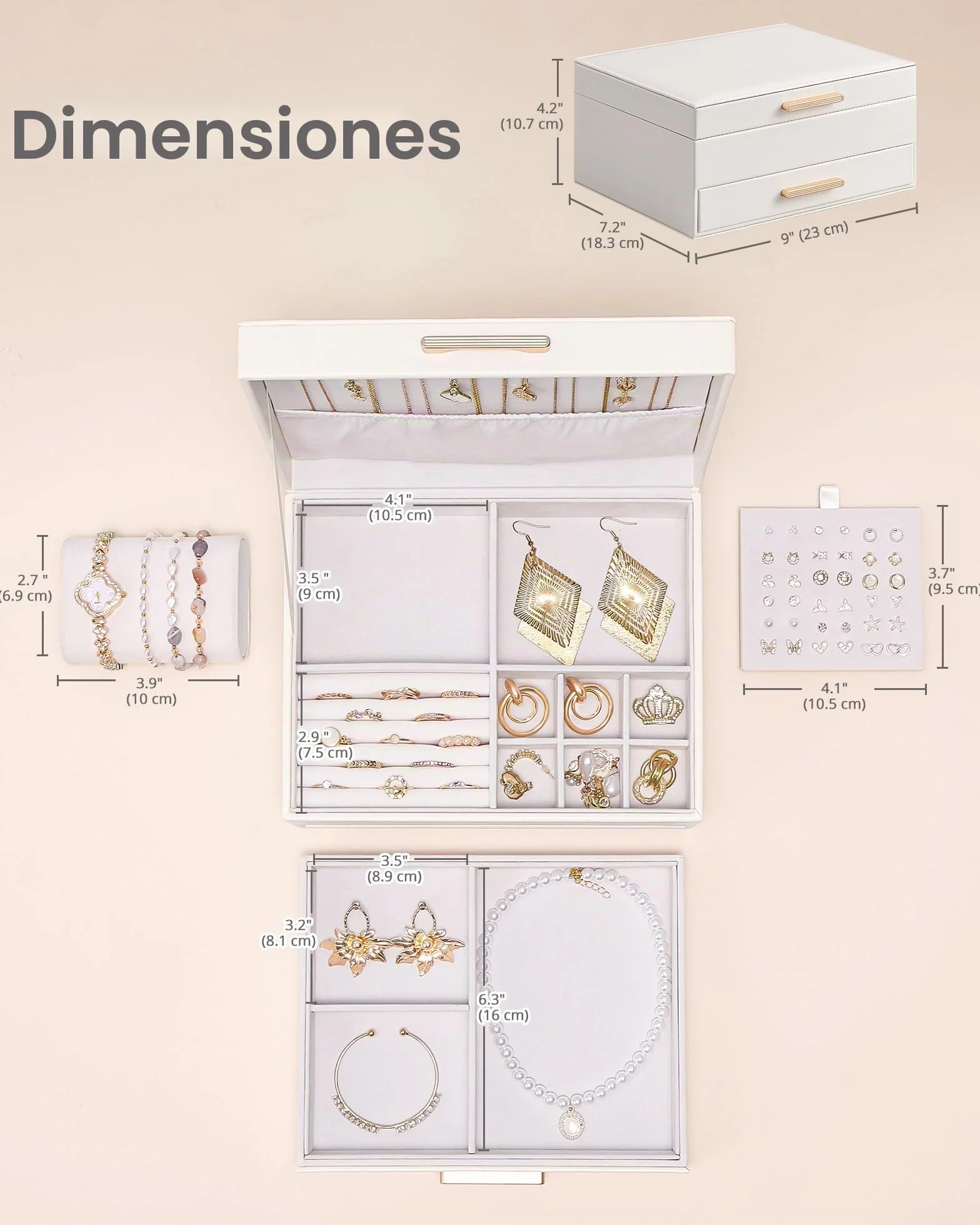 Lolalet Caja para Joyas de Doble Capa, Estuche Joyero Organizador para Collares Anillos Aretes Pulseras Relojes, Regalo para Mujer - Blanco