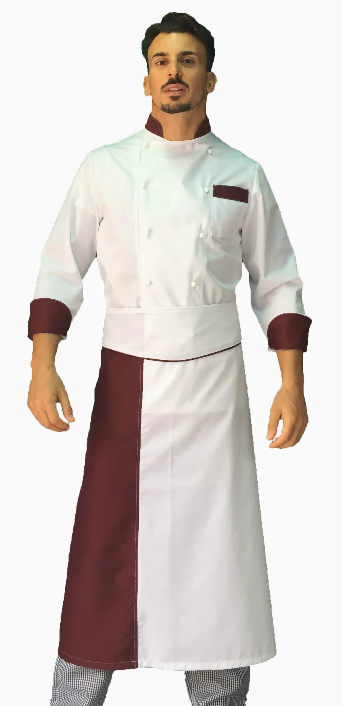 Bordado gratuito – Conjunto de cocinero de cocina – uniforme de chef blanco y burdeos – Chaqueta, pantalón y delantal – Fabricado en Italia Color blanco. L