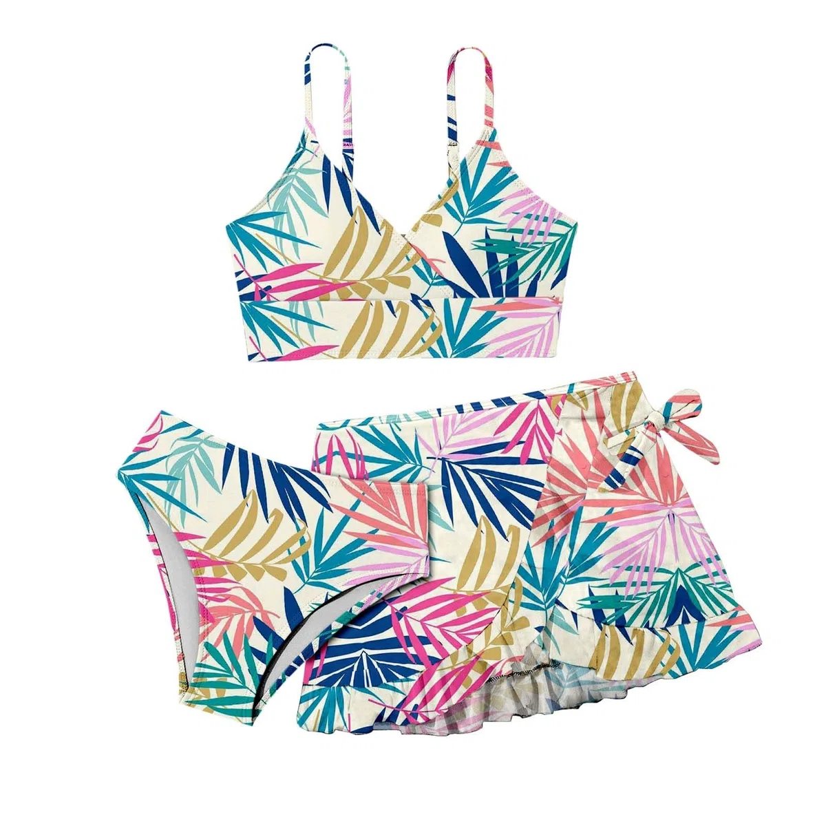 Traje de baño con falda para niña, juego de 3 piezas para la playa con estampado floral para niñas, elegante traje de baño de verano para niños grandes y preadolescentes