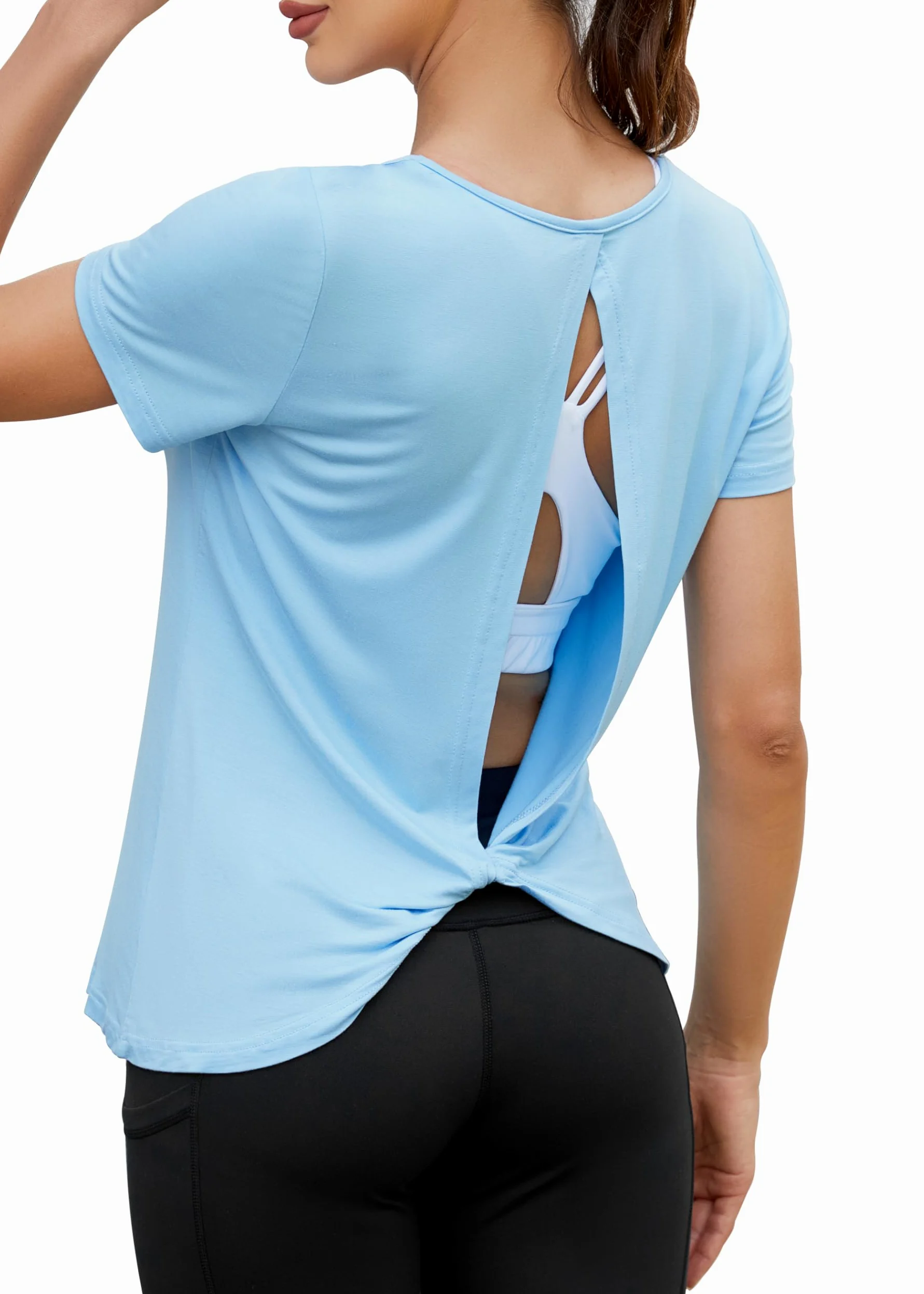 Mippo Camisetas de entrenamiento con espalda abierta para mujer, suaves, de manga corta, atléticas, para yoga, gimnasio