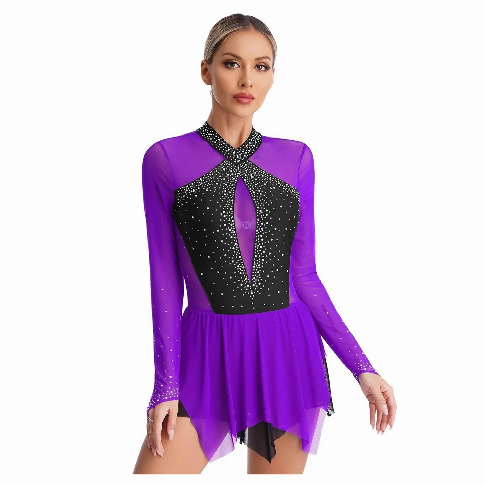 Vestido de Patinaje Artístico Vestido de malla transparente de manga larga for mujer, for patinaje artístico, gimnasia rítmica, danza lírica