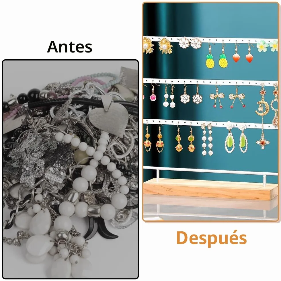 Organizador de Pendientes 60 Agujeros 3 Niveles con Base de Madera