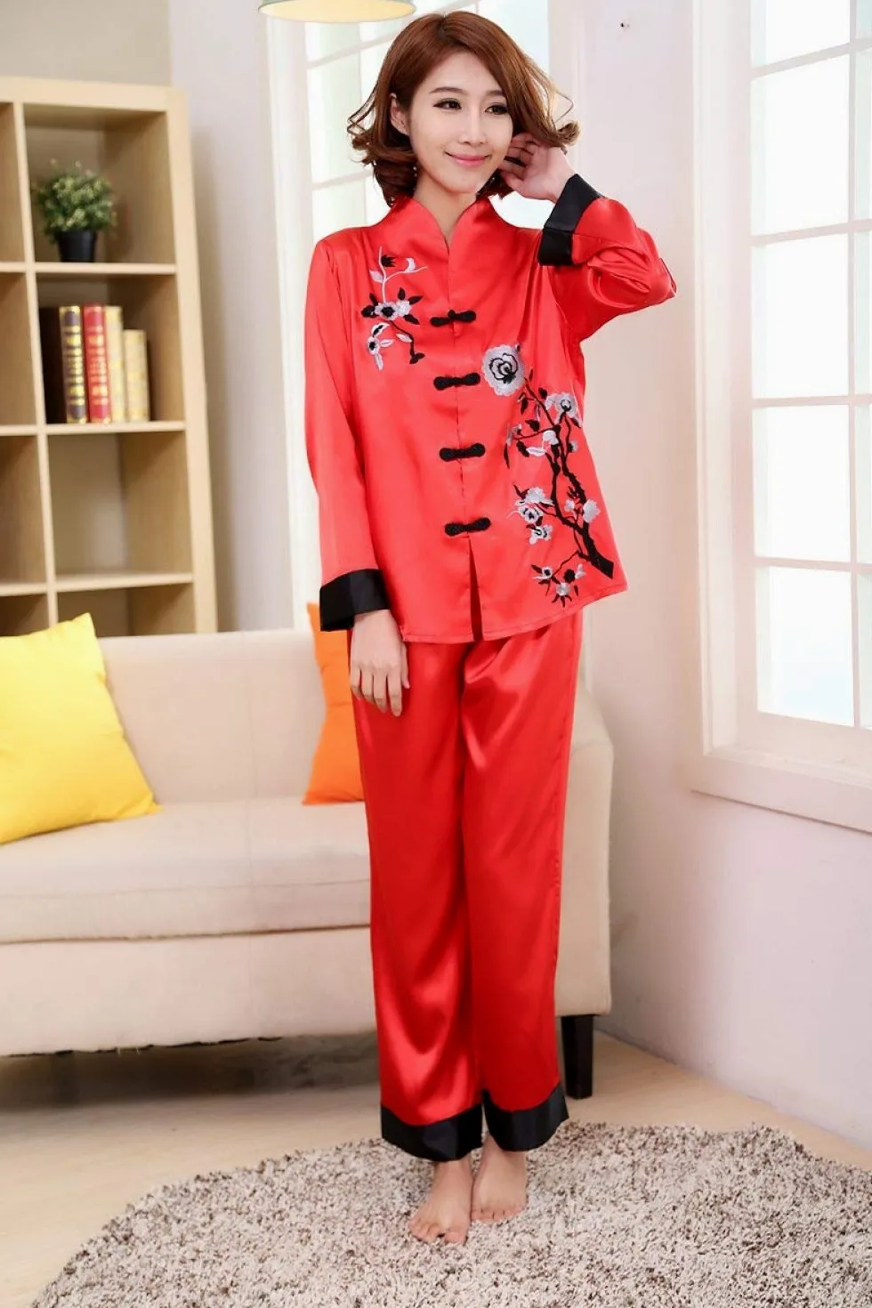 Pijama De Satén para Mujer,Conjunto De Pijamas De Seda De Mujer China Tradicional Rosa Bordado con Estampado De Flores Traje De Pijama 2 Piezas Ropa De Casa Ropa De Dormir Loungewear M L XL XXL 3XL