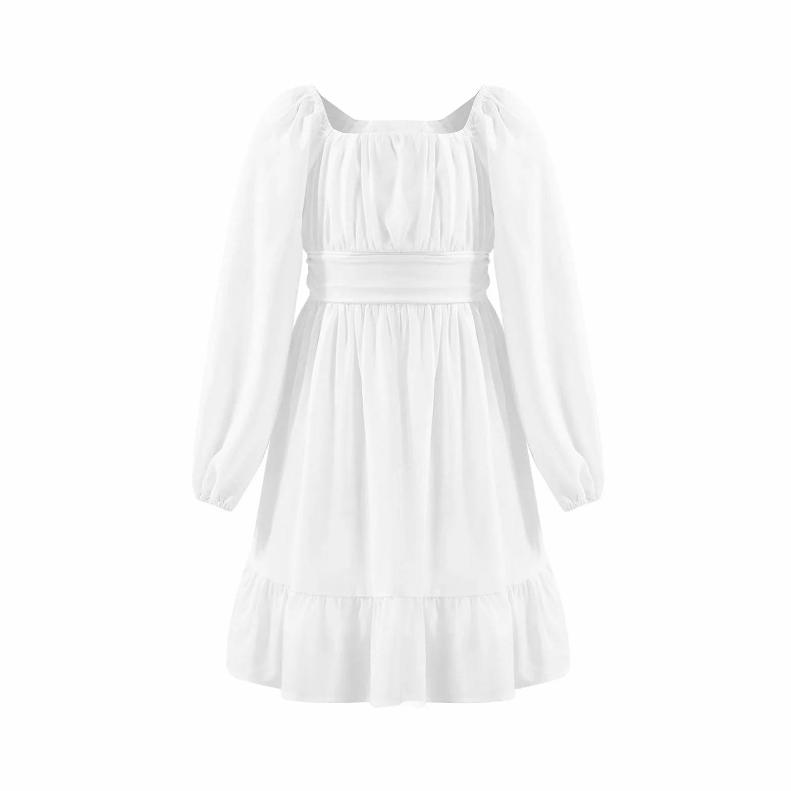 Vestido para niñas, cuello cuadrado, manga larga, acampanado, para verano, casual, cintura alta, plisado, con volantes, playa, vacaciones, boda