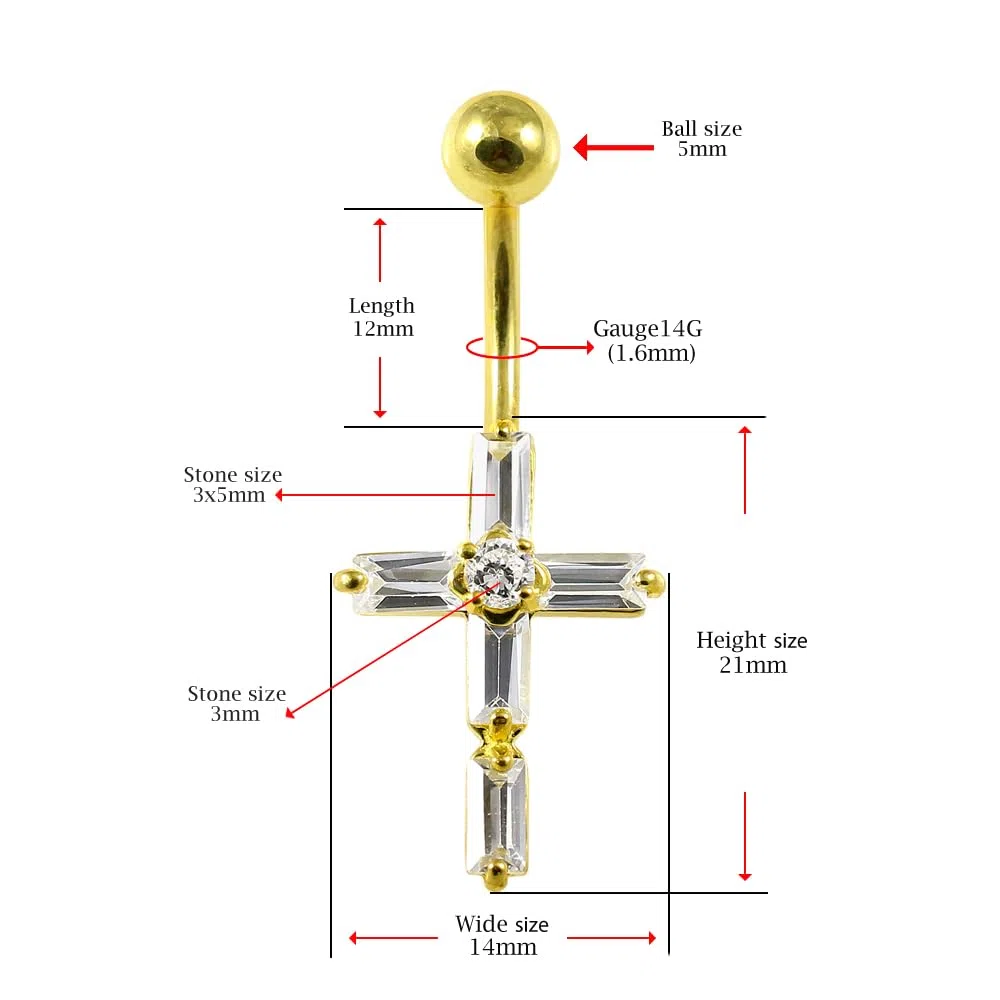 Piercing para ombligo de oro amarillo macizo de 14 quilates con circonita cúbica, joyería para ombligo de 14 quilates, calibre 14, 14 Gauge - 12mm Length, Circonia cúbica, Circonia