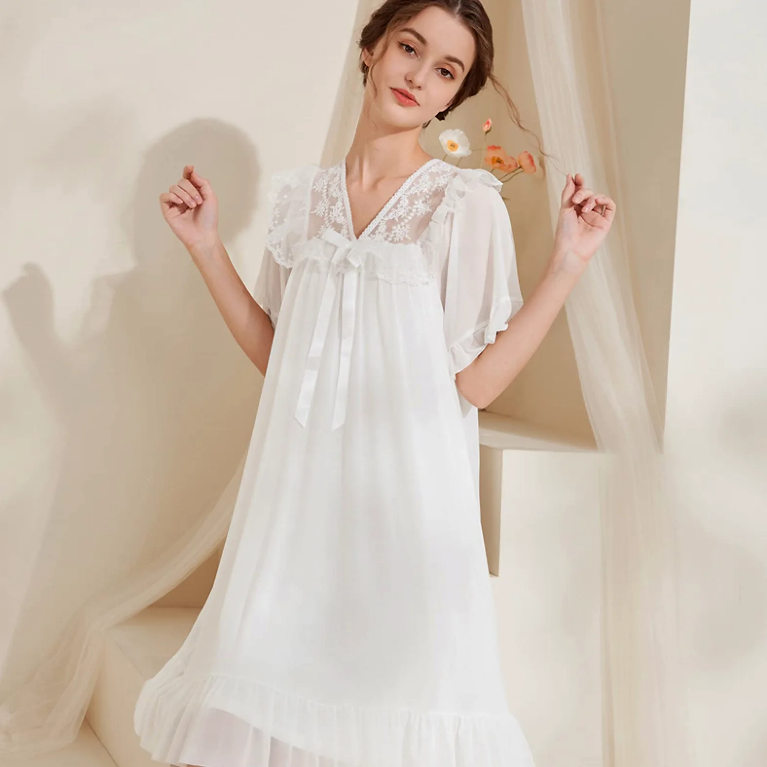OFFSUM Camisón De Pijama De Mujer - Camisón De Princesa De Color Sólido Camisón De Verano con Lazo De Malla De Encaje Camisón De Dos Pisos Elegante Bordado Ropa De Casa Lencería