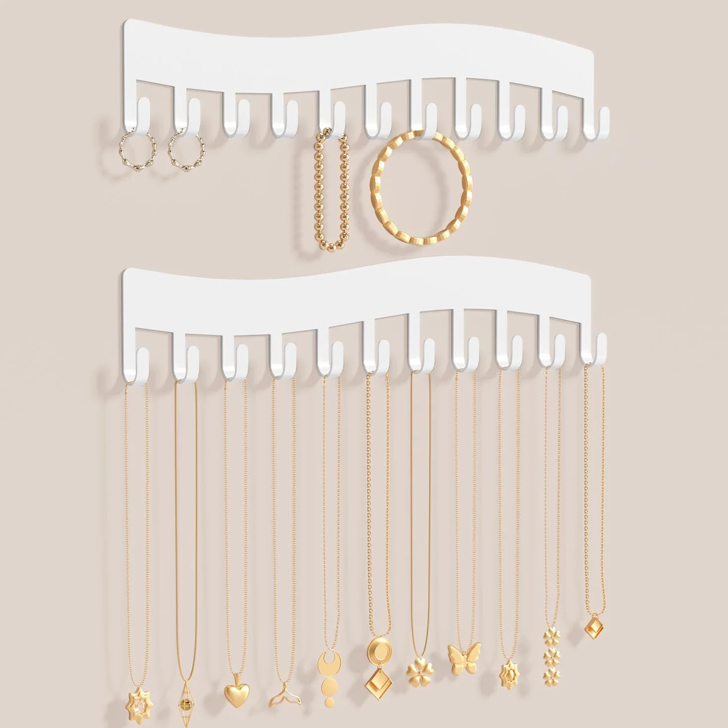Organizador de joyas de pared Josmimic – Soporte para collares, pulseras y pendientes, juego de 2, blanco