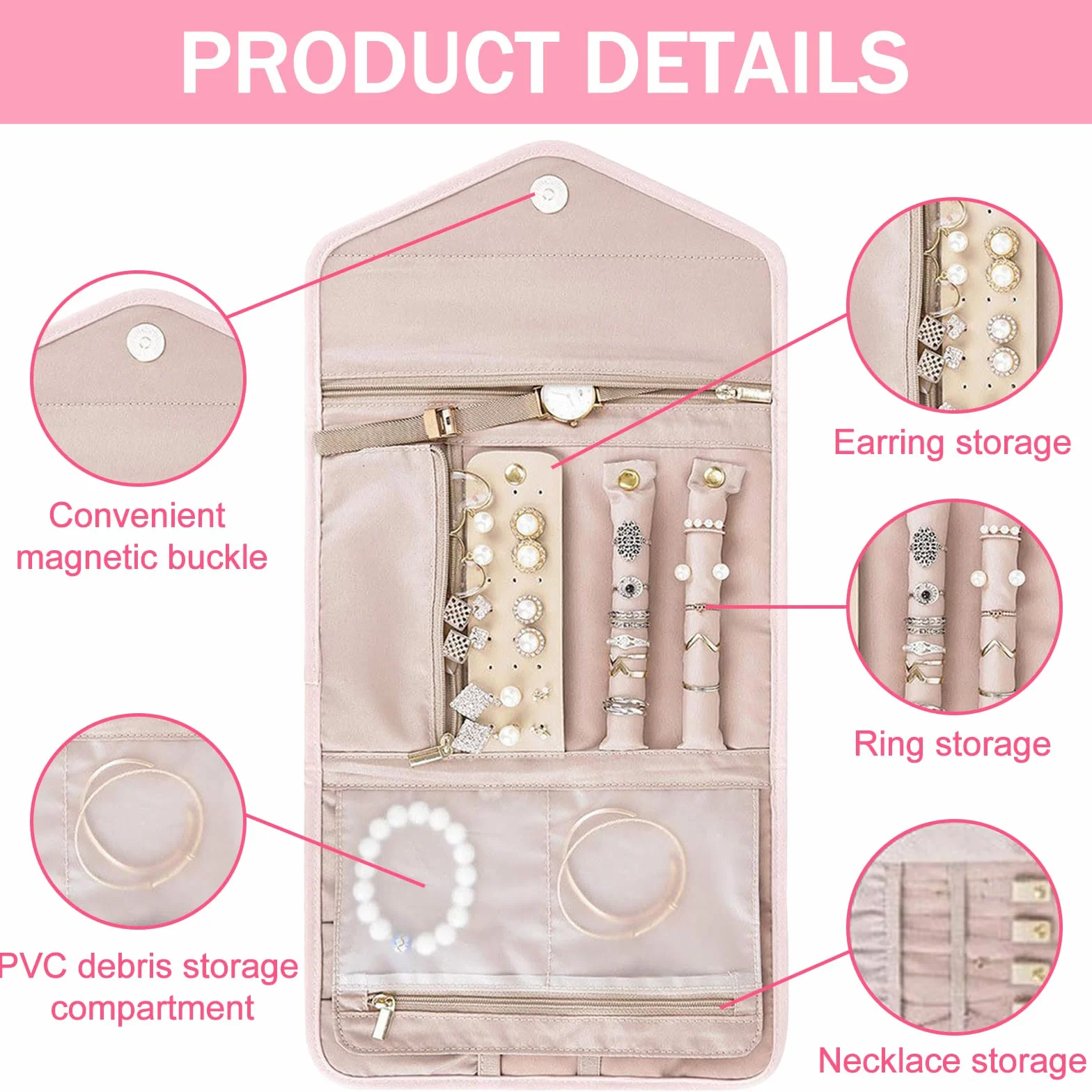 6 piezas Organizador de Joyas, Bolsa de Rollo de Joyería, Bolsa de Almacenamiento de Joyas, con Diseño de Espacio Múltiple, para Collares, Pulseras, Pendientes, Anillos