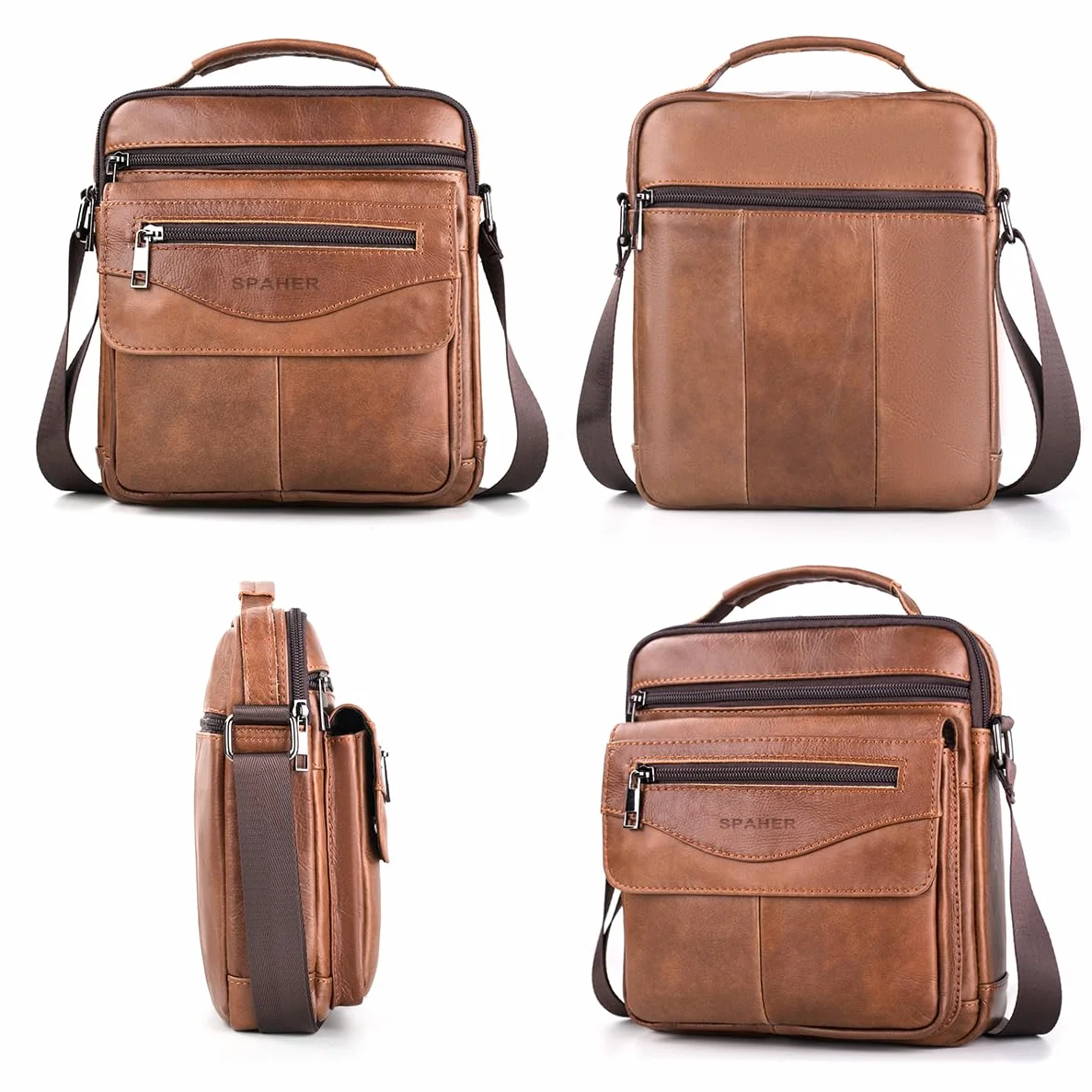 SPAHER Bandolera de Cuero Grande Bolso Piel Caballero Mariconeras para Hombres Man Bag