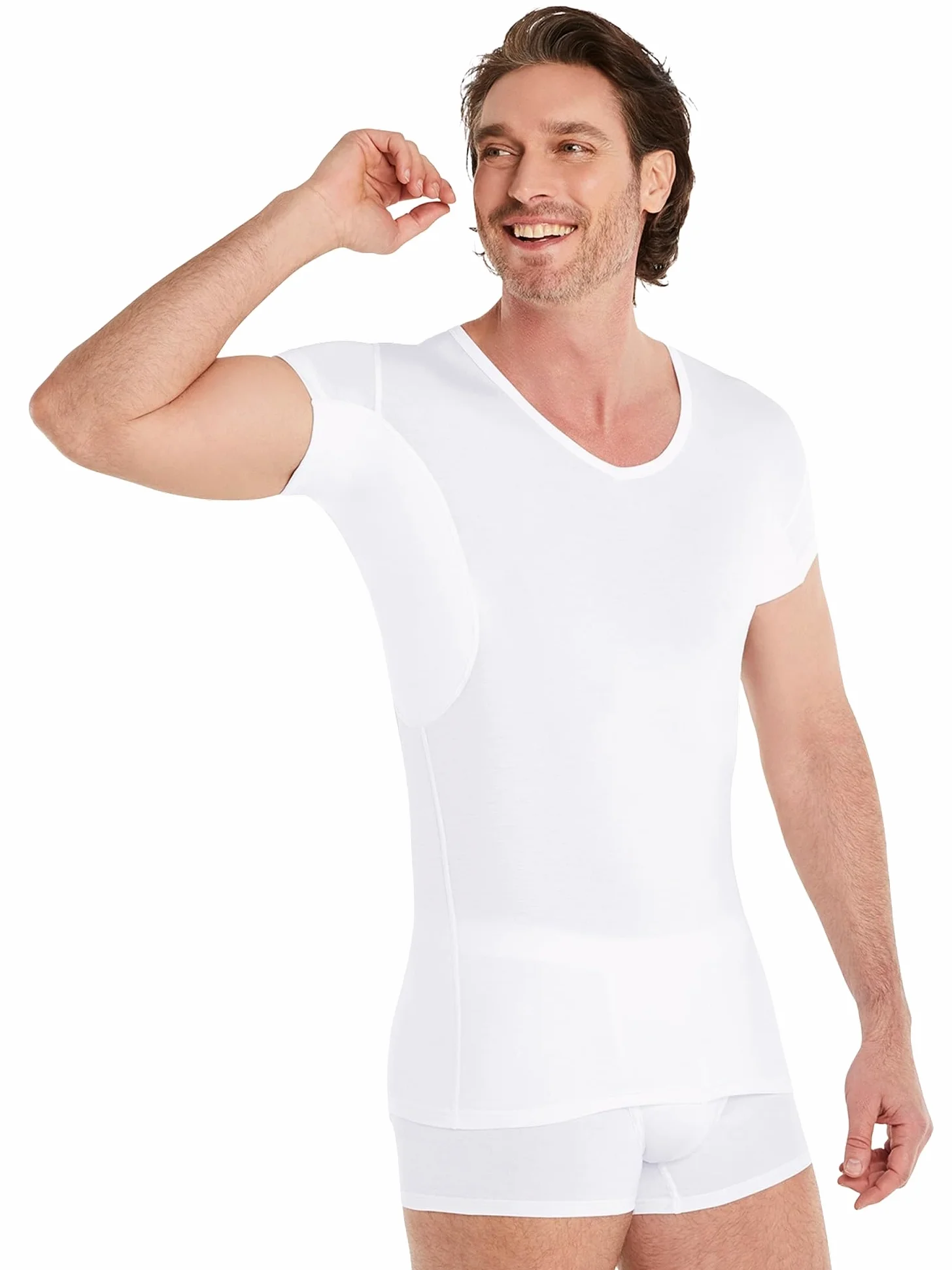FINN Camiseta Antisudor Hombre Manga Extra Corta - Invisible Bajo Polo | Termina 5 cm más arriba y no se ve. Almohadillas de hasta 100 ml, tallas de la S a la 5XL