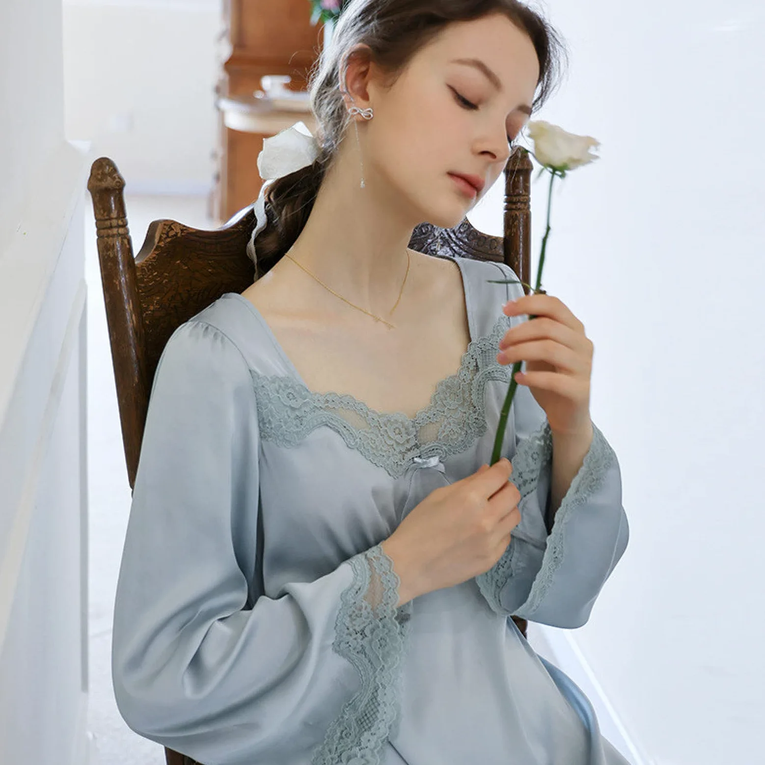 OFFSUM Camisón De Pijama De Mujer - Sexy Encaje Cuello Cuadrado Camisón Vintage Elegante Estilo Palaciego Camisón Primavera Verano Satén Ropa De Dormir Vestido Ropa