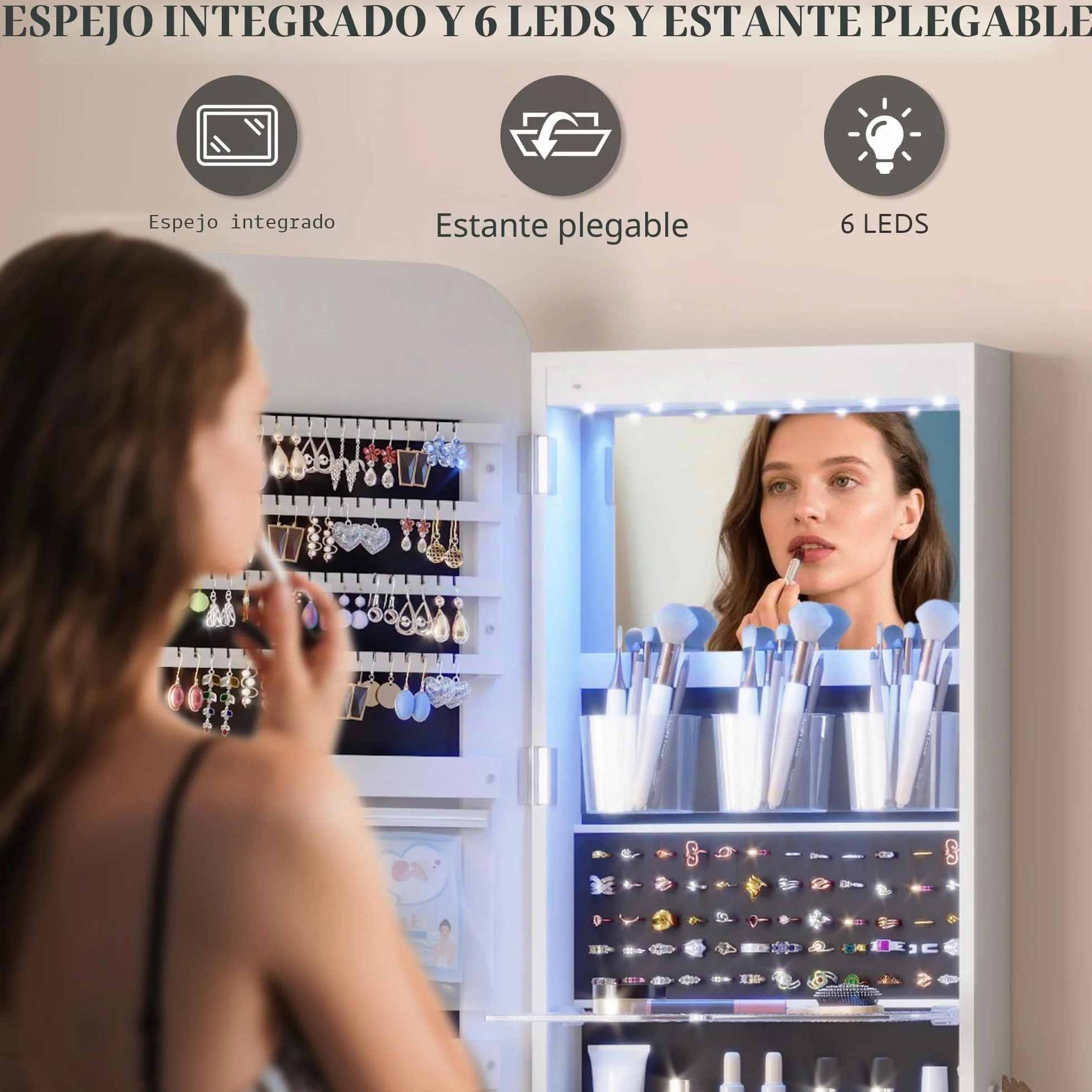 Vlsrka Oval Armario Joyero con Luz, LED Armario Espejo Joyero de pared, Espejo joyeros de puerta con Cerradura, Armario Espejo colgante Con luces, Ovalado Espejo joyeros, Regalo mujere, Blanco