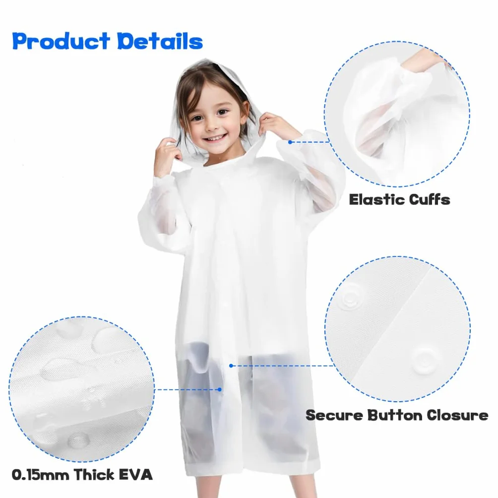 2Pcs Chubasquero Transparente de Niños Reutilizable, Capa Impermeable de Niños Portátil, Poncho de Lluvia de Goma EVA de Niños con 2 Bolsas con Cordón para Niños y Niñas de 5 a 12 años