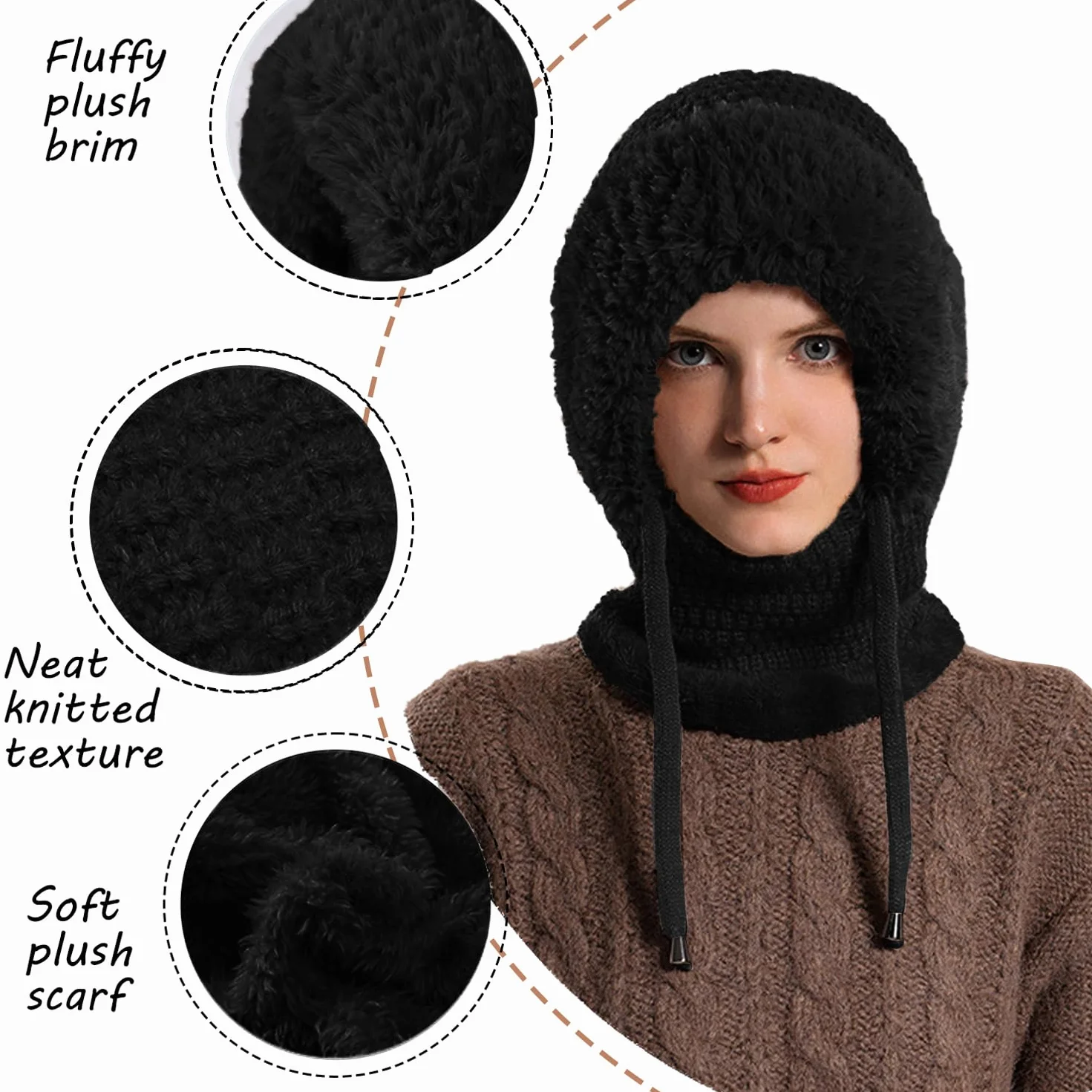 Pasamontañas Invierno Mujer Cálido Sombrero con Cordón Gorro Invierno con Capucha Bufanda Balaclava Multifuncional Beanie Skull Cap para Clima Frío Esquí