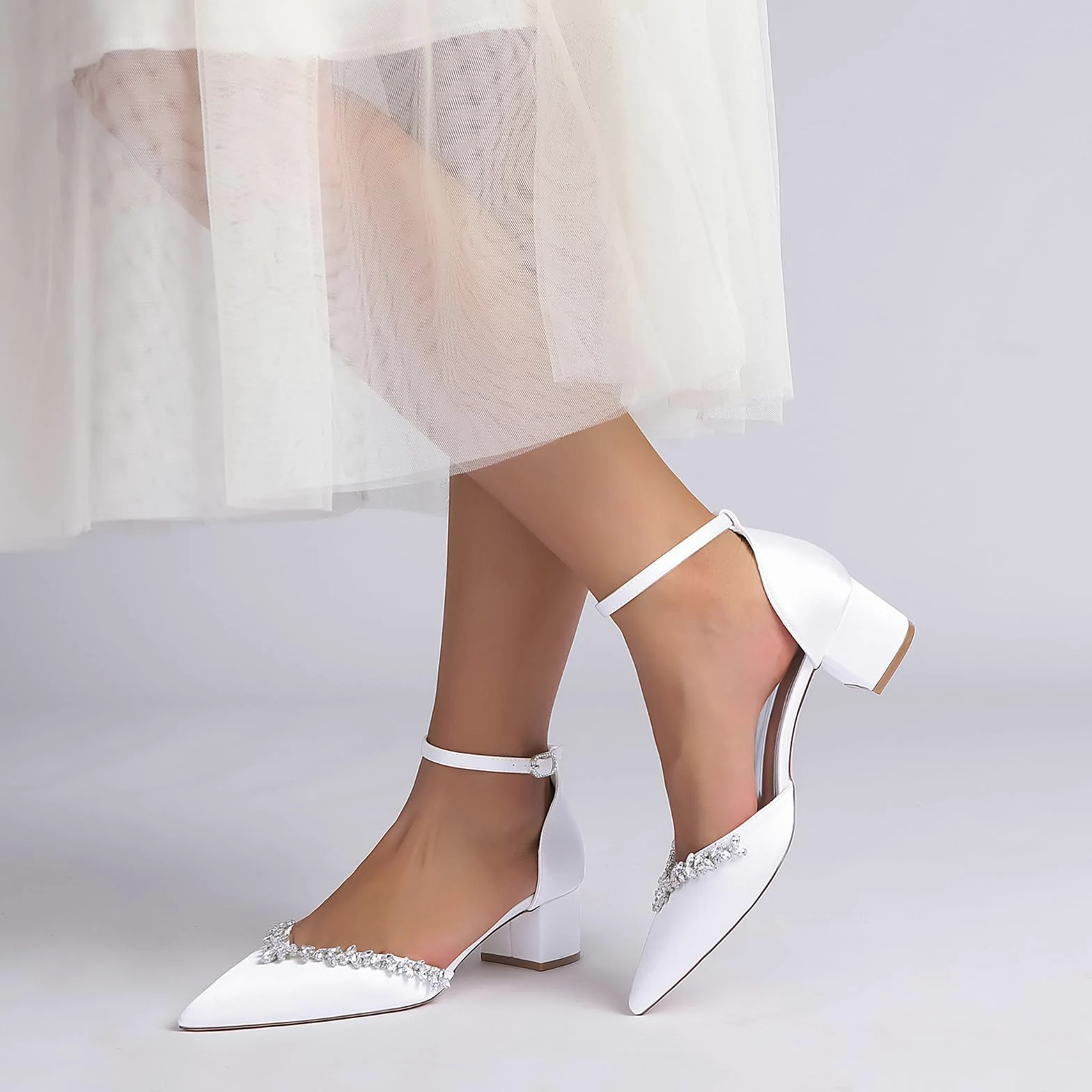 Mujer Tacón Ancho Bajo Zapatos De Boda Satén Tiras Al Tobillo Punta Cerrada Zapatos De Novia con Diamantes De Imitación