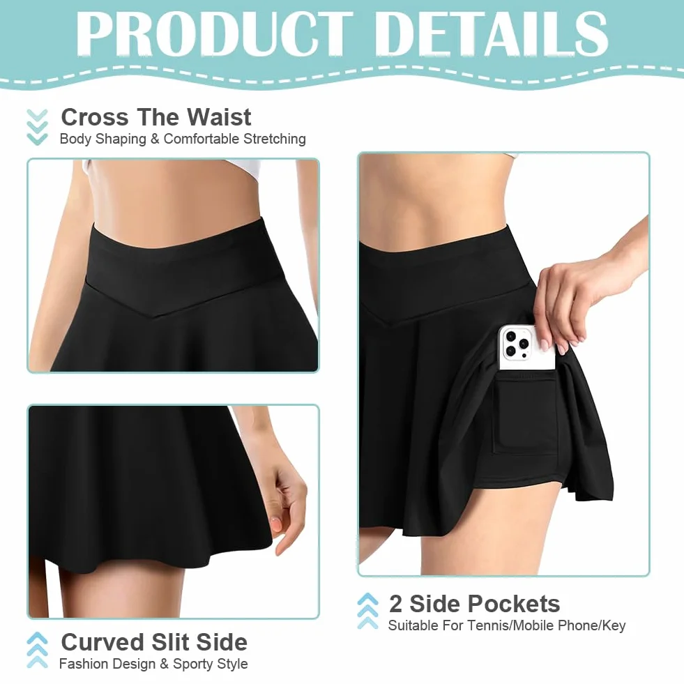 AUYAO Faldas de Tenis Plisadas para Mujer, Faldas Deportivas con Bolsillos, Falda de Tenis con Pliegues de Cintura Alta para Mujer, Faldas Plisada de Tenis Mini Skirt para Golf Correr Gimnasio