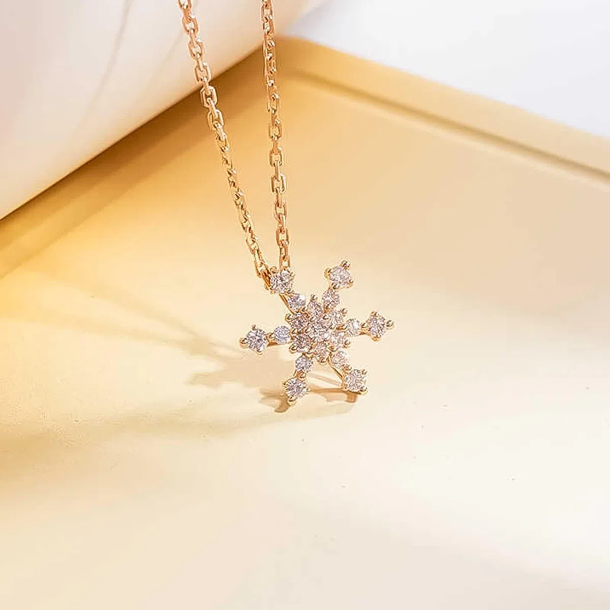 Collar con colgante para mujer, cadena de diamante, copo de nieve, oro rosa real de 9 K, 14 y 18 quilates