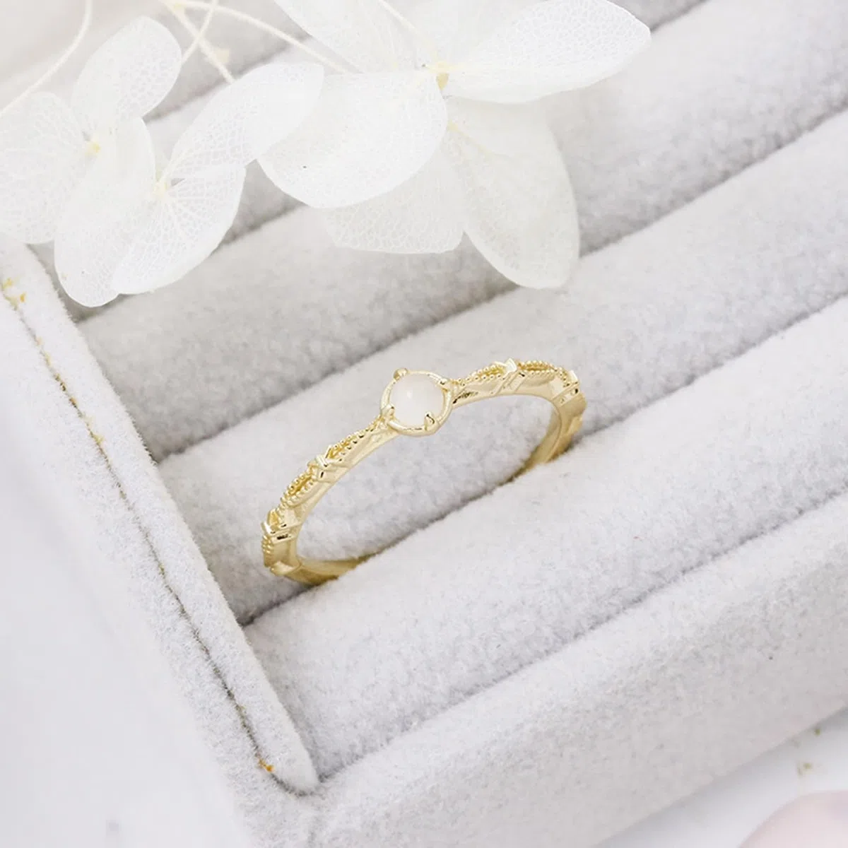 Anillo solitario Au 375/585/750, oro auténtico con piedra lunar, alianzas de boda solitarias