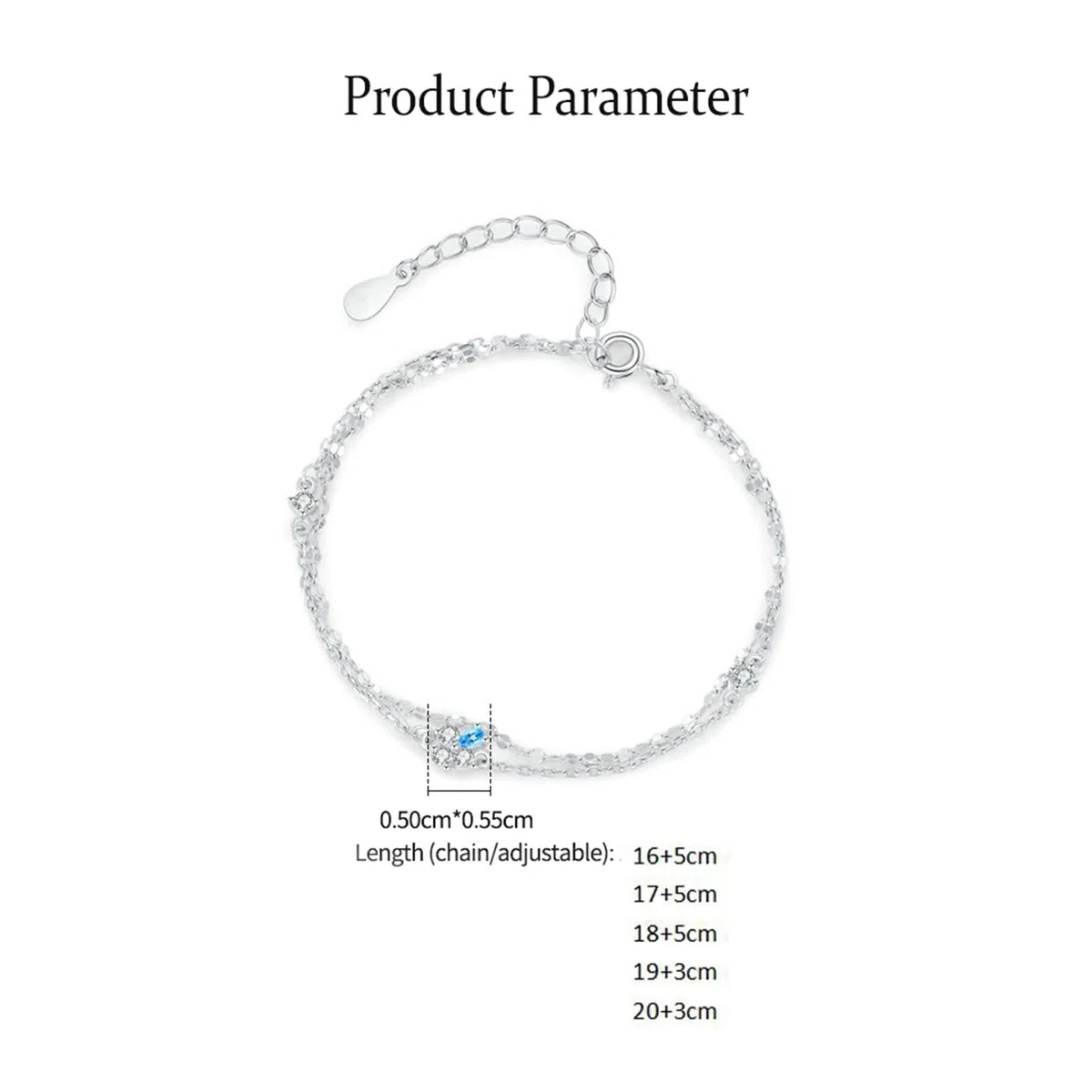 Pulseras de Mujer de Oro Blanco de 9Kilates / 14Kilates / 18Kilates, Cadena Doble Capa con Topacio y Moissanita, Cadena Extensible 16 CM + 5 CM, Pulsera de Plata Azul de Ajustable Mujer