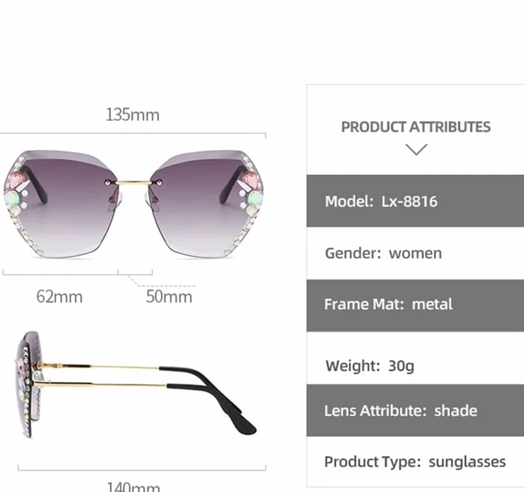Gafas de Sol de Diamante sin Montura para Mujer 2022, Gafas de Sol de Diamante Degradado de Gran tamaño, Gafas de Sol de Cristal con protección UV