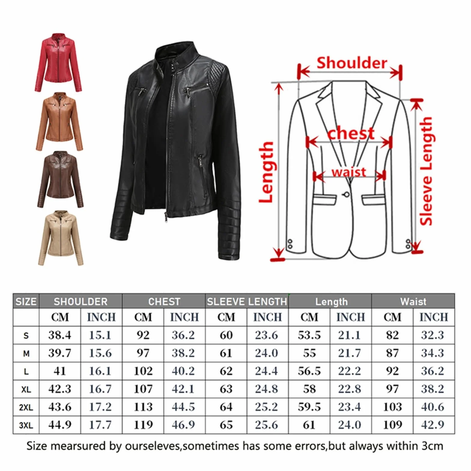 Chaqueta Cuero Mujer Women's Slim Leather Jacket Stand Up Collar Zipper Stitching Monochromatic Coat Para salir