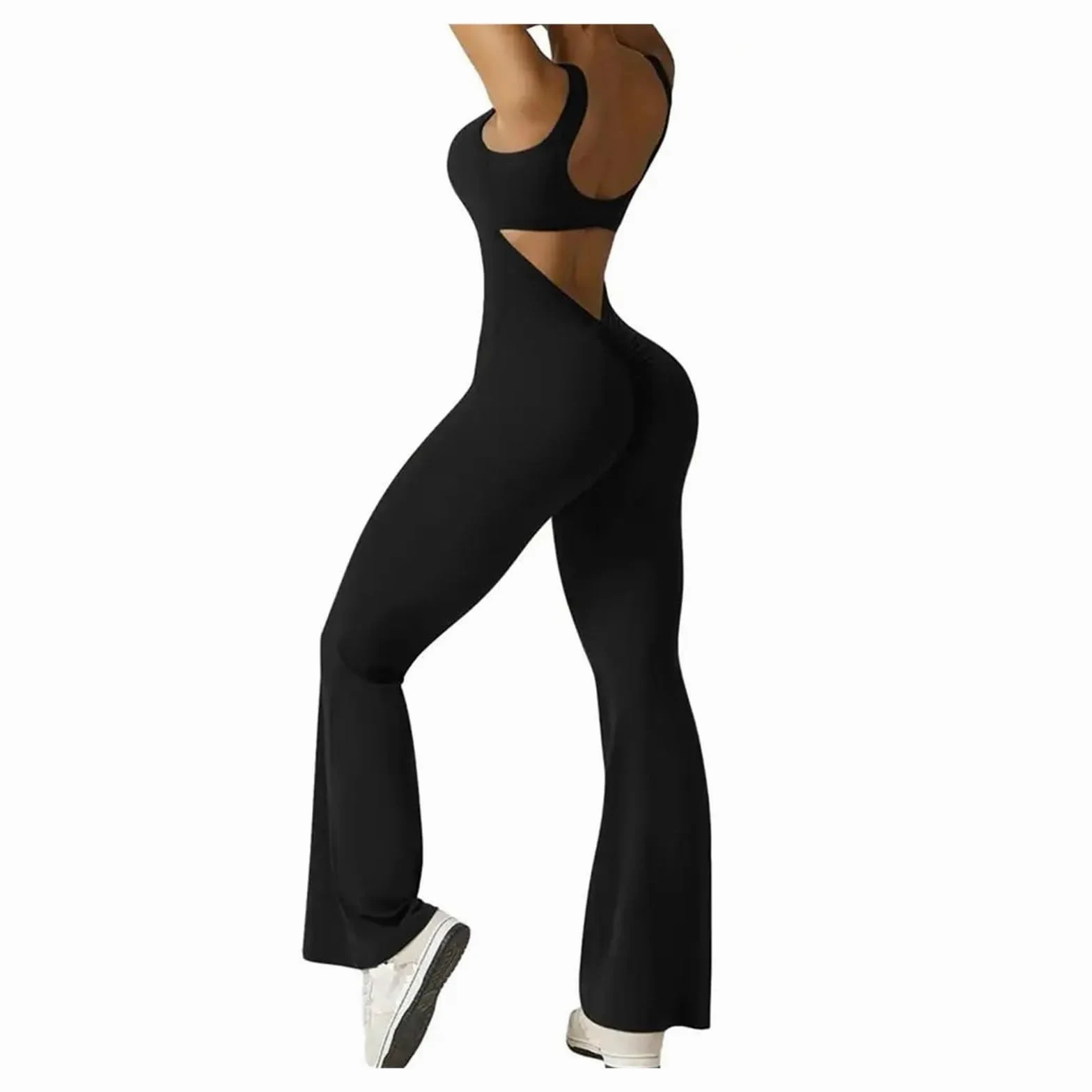Body De Yoga con Espalda Descubierta Mono Deportivo Elegante sin Mangas con Cintura levantada y Dobladillo Acampanado for Mujer, Estilo melocotón, for Verano para Yoga Gimnasio(Black,XL)