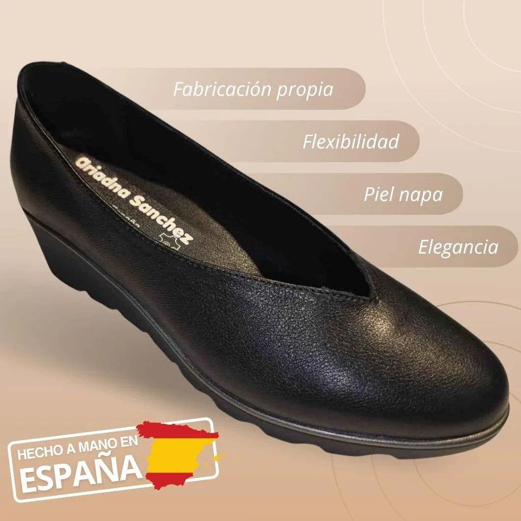 Zapatos Salón Mujer Vesta Cuña Plataforma, Cómodos, Azafatas, Trabajo. Calzado de Piel Fabricados en España Cuña Media 5cm