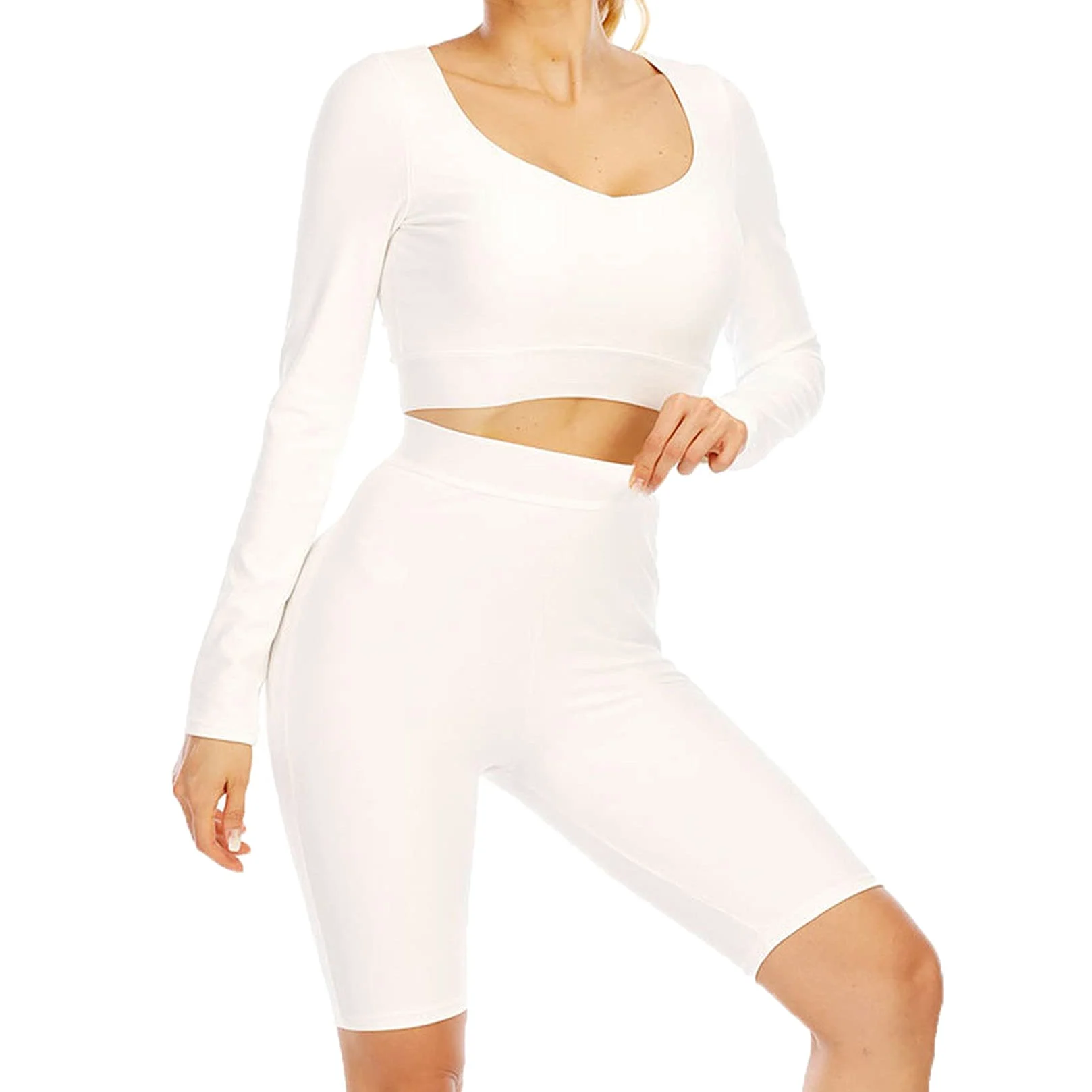 Conjunto de Ropa Fitness Deportiva para Mujer, Lady Yoga Ropa de vestir Entrenamiento Outfits 2 piezas Altas Cintura Shorts Fitness Leggings + Manga Larga Gimnasio Cultivo Top Top Yoga Camisetas Juego