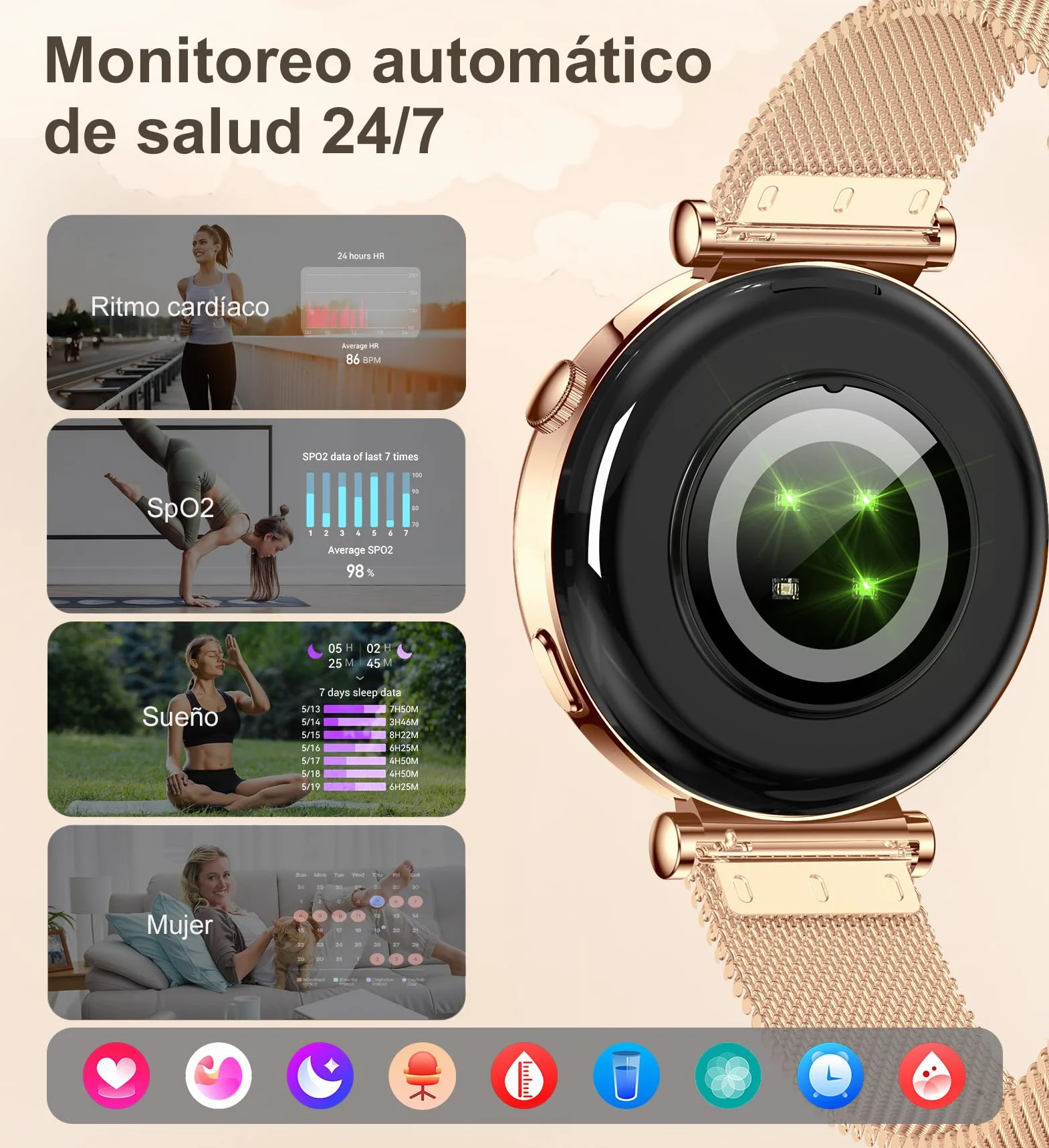 Reloj Inteligente Mujer Pequeño, Smartwatch Mujer Redondo 1.27" 41mm con Llamadas, 3 Correas, Pulsera Actividad con 100+ Modos Deportivos Pulsómetro Sueño Cuenta Pasos para Android & iPhone, Rosa Oro