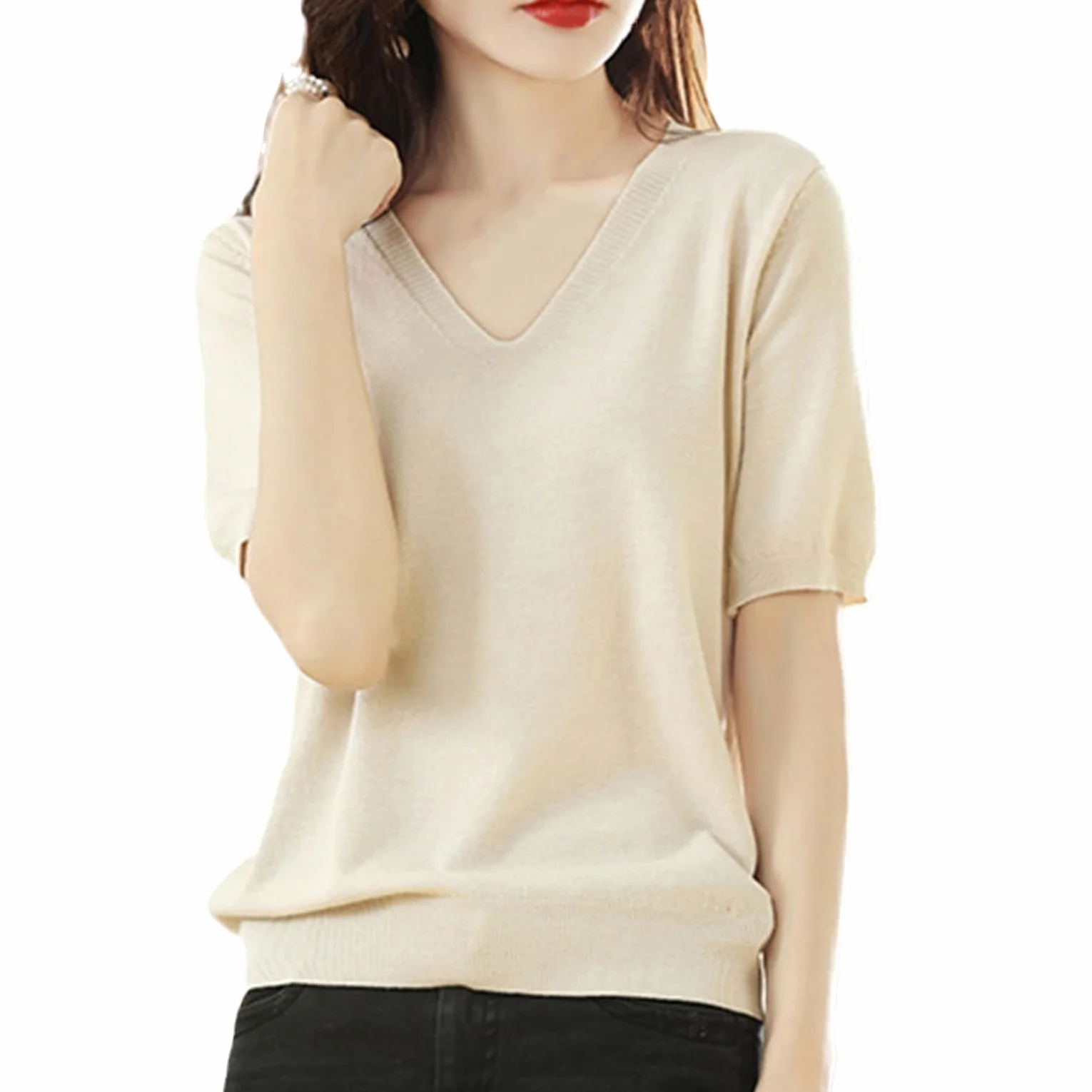 Jersey de Punto de Manga Corta para Mujer, Top Básico Suelto