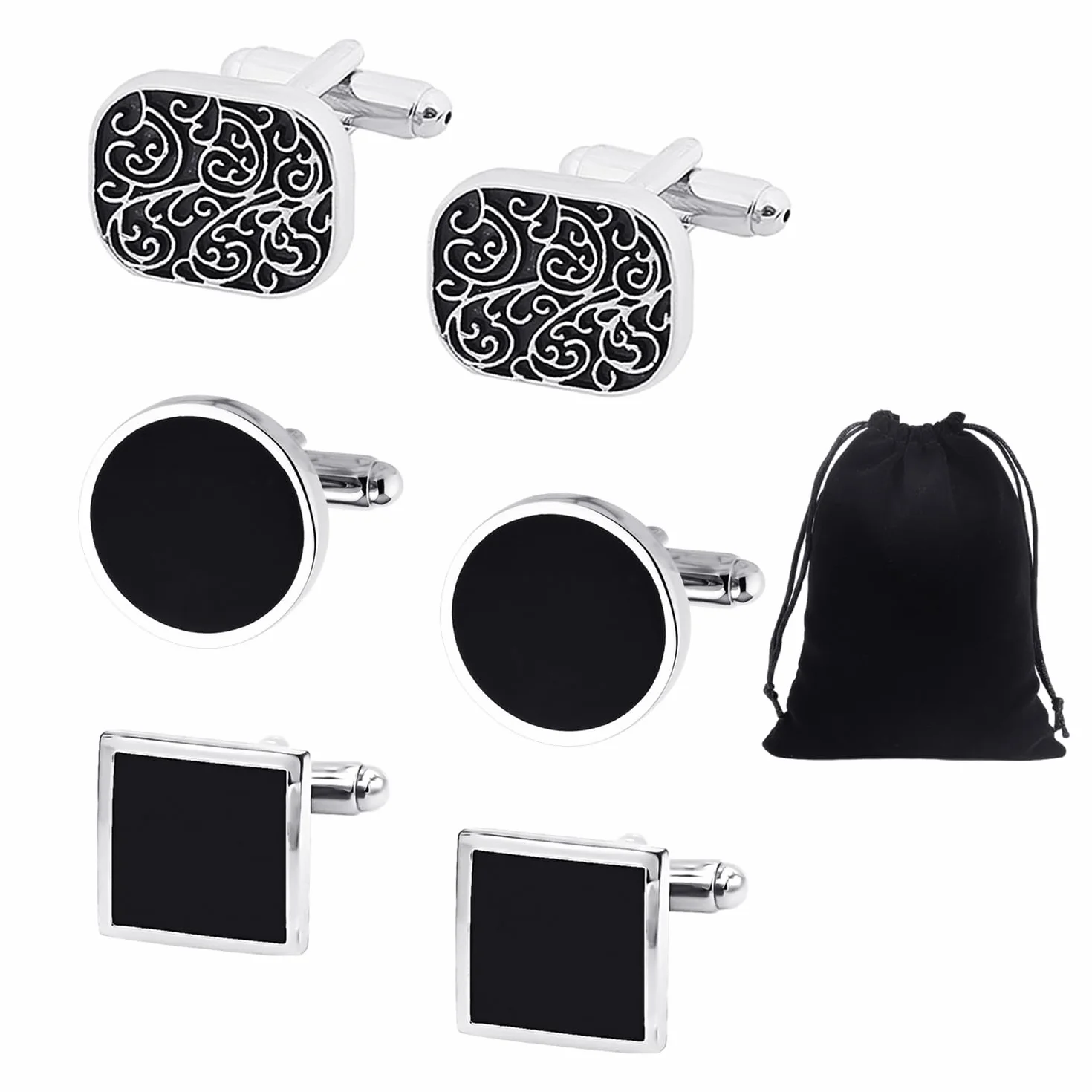 3 pares de gemelos con 1 bolsa de almacenamiento, gemelos con patrón, gemelos cuadrados, gemelos redondos, botones de camisa, adecuados para bodas, negocios, fiestas.