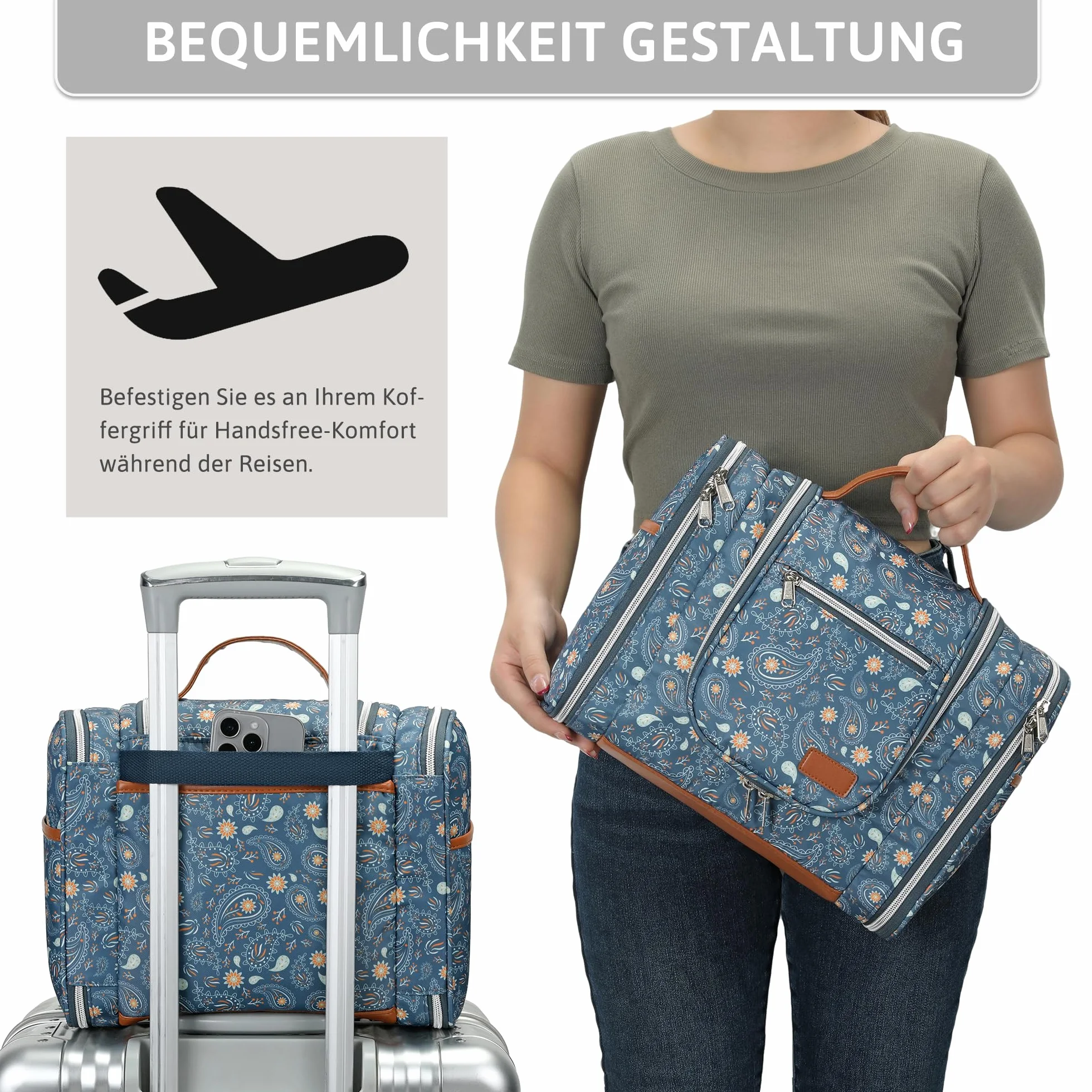 Pearl Angeli Neceser grande para mujer, neceser para colgar, A4-azul Paisley Flores, Neceser | Neceser de viaje grande bolsa de aseo organizador de maquillaje con gancho y asa, bolsa impermeable