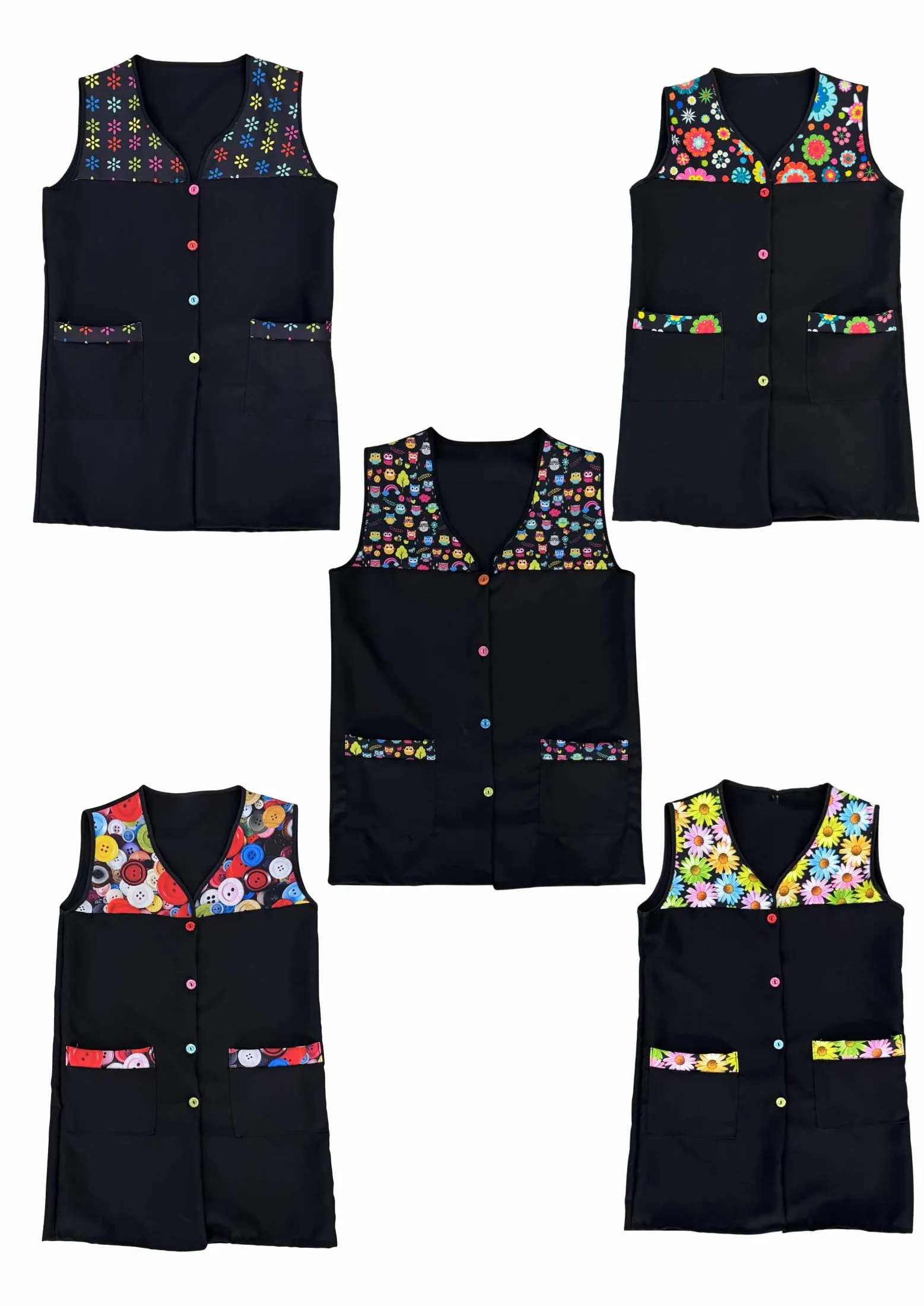 Victory Casaca Escolar Sin Mangas Mujer Botones Multicolor Delantal Mandil Chaleco Estampado Tres Bolsillos Uniforme Maestra Peluquera Auxiliar Limpieza Cuidado Infantil Lavable – SERIE 7061