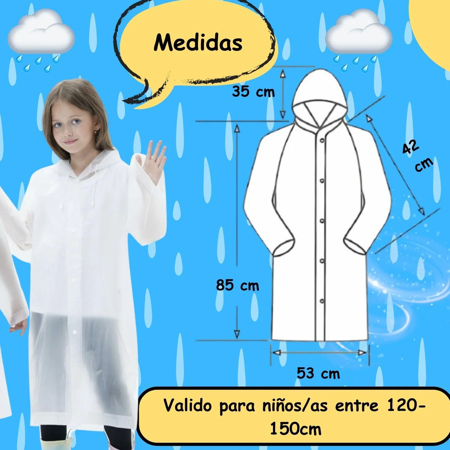 Chubasquero Niño. Chubasquero Niña Impermeable. Altura niño o niña entre 120-150 cm. (FR/ES, Edad, 5 años, 10 años, Regular, Blanco)