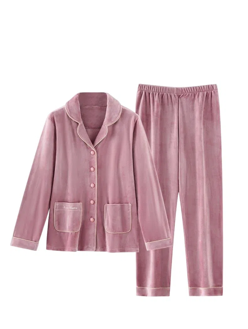 LUBOSE Pijama de franela para mujer, conjunto de ropa de descanso, 2 piezas, pijama con botones, ropa de descanso térmica (M, rosa)