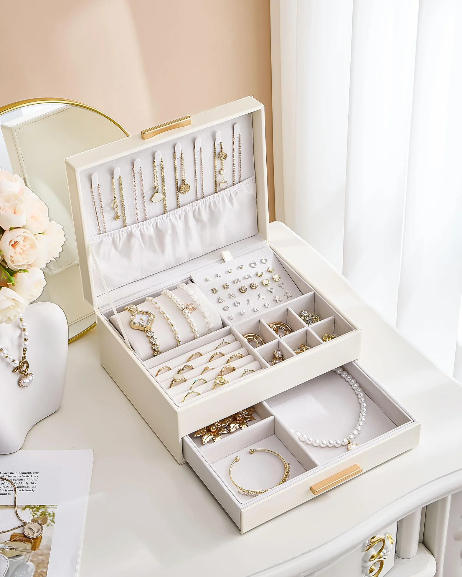 Lolalet Caja para Joyas de Doble Capa, Estuche Joyero Organizador para Collares Anillos Aretes Pulseras Relojes, Regalo para Mujer - Blanco