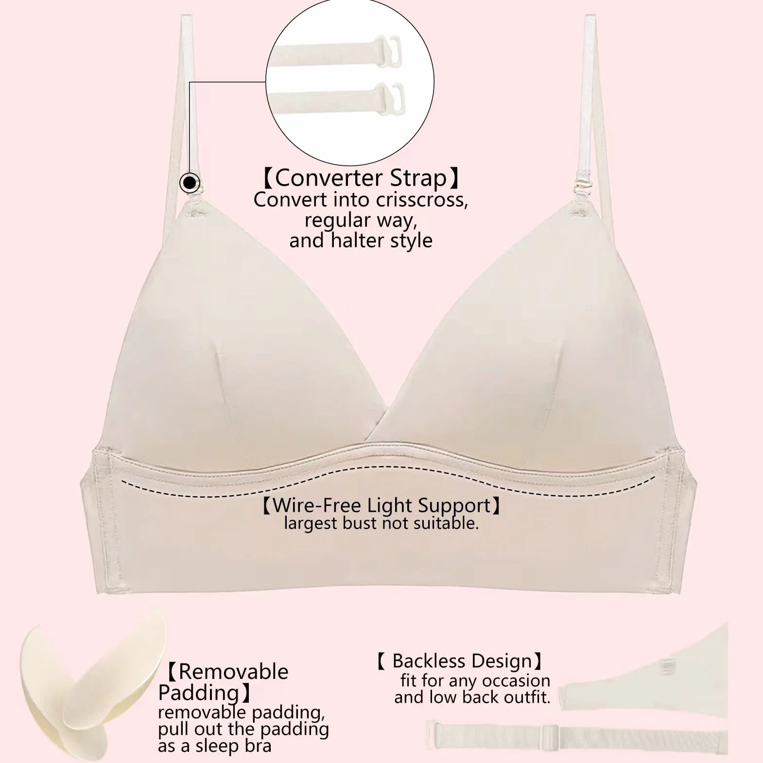 Brasier de espalda baja con tirantes para mujer, escote en V profundo, corte bajo, espalda descubierta, tirantes convertibles, brasier halter
