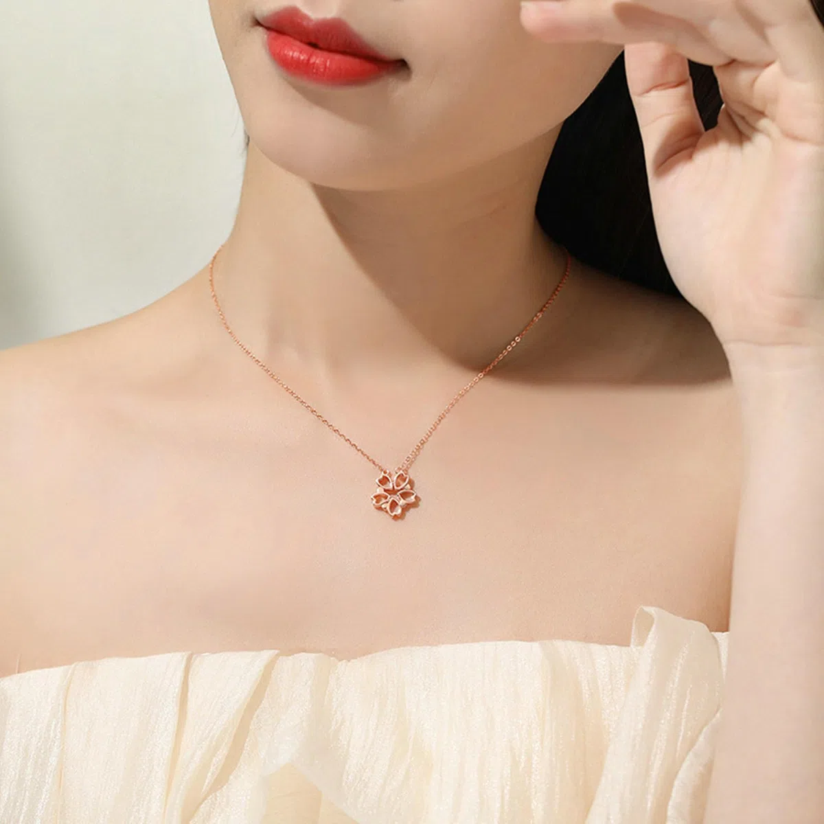 Collar de oro rosa para mujer, colgante de clavícula de flor de cerezo de 9K/14K/18K, 40+5cm