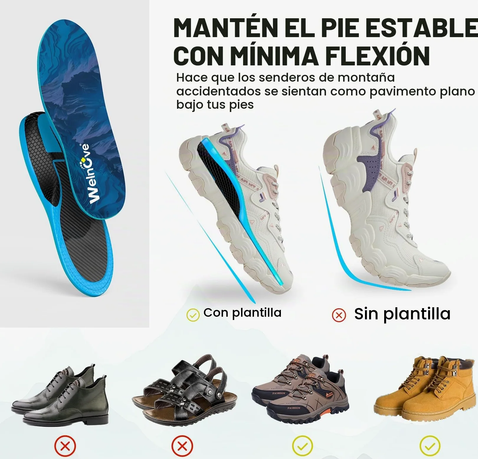Plantillas Deportivas de Fibra de Carbono con Soporte Arco - Plantillas Welnove para Running con Absorción de Impacto para Deportes Activos - （L:41-42.5)