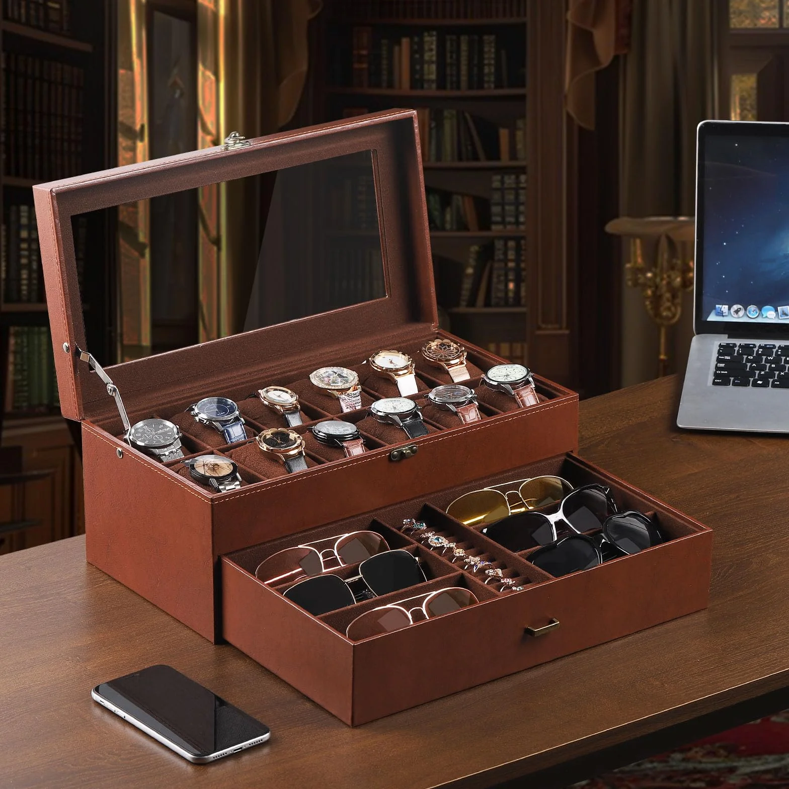 AUTOARK Caja de cuero y terciopelo para 12 relojes y organizador de lentes de sol de 6 piezas, 2 capas con 1 cajón, con cerradura, parte superior de cristal grande, MKAW041